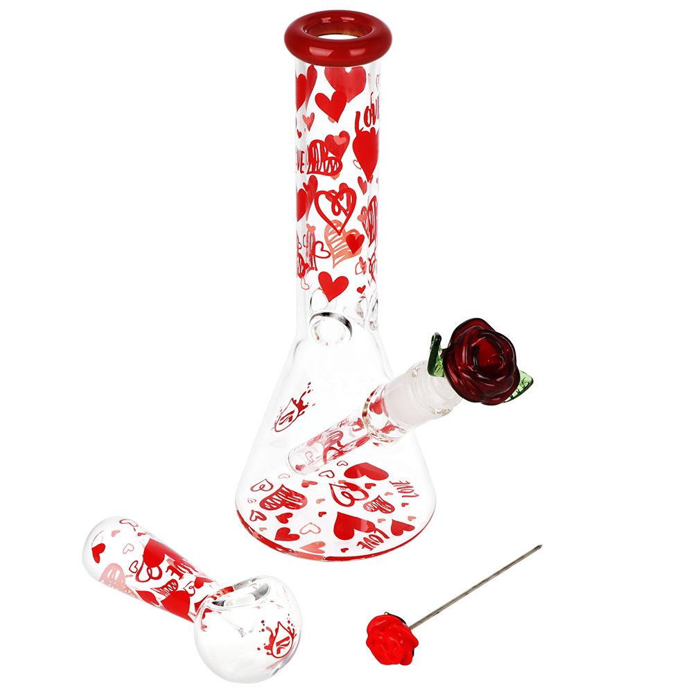 Pulsar Valentine's Hearts 'n' Roses Glass Herb Pipe Duo - 10" / 14mm F, BDD Wholesale