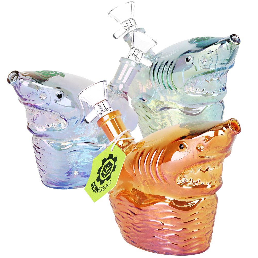 Seshgear Shark Attack Electroplated Glass Water Pipe - 5.5" / 14mm F / Colors Vary, BDD Wholesale
