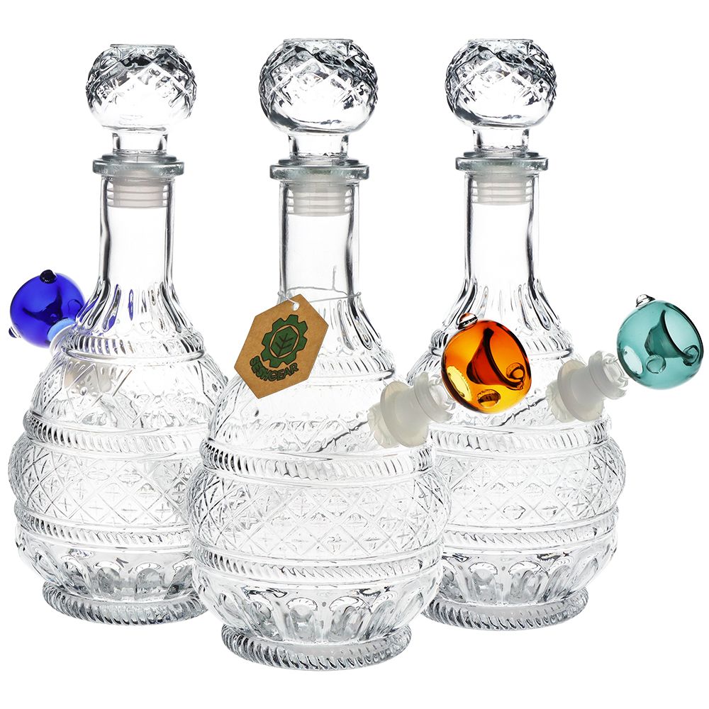 SeshGear Vintage Decanter Style Glass Water Pipe - 10.5" / 14mm F / Round Lotus / Colors Vary, BDD Wholesale