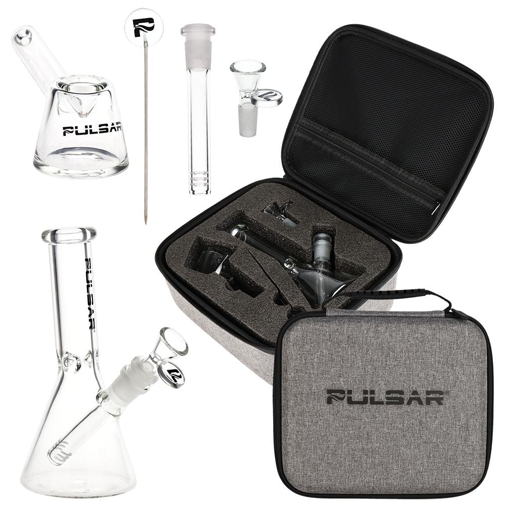 Pulsar Slant Neck Beaker Glass Water Pipe Zippered Case Travel Kit - 7" / Clear, BDD Wholesale