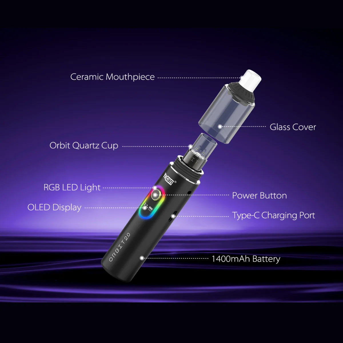 Yocan Orbit 2.0 dab pen vaporizer feature overview: quartz cup, terp pearls, OLED display, USB-C