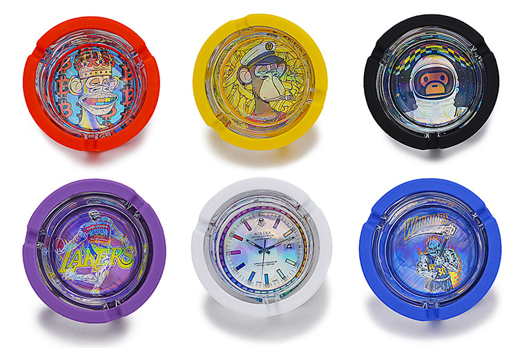 Glass ashtray with silicone sleeve, all six designs