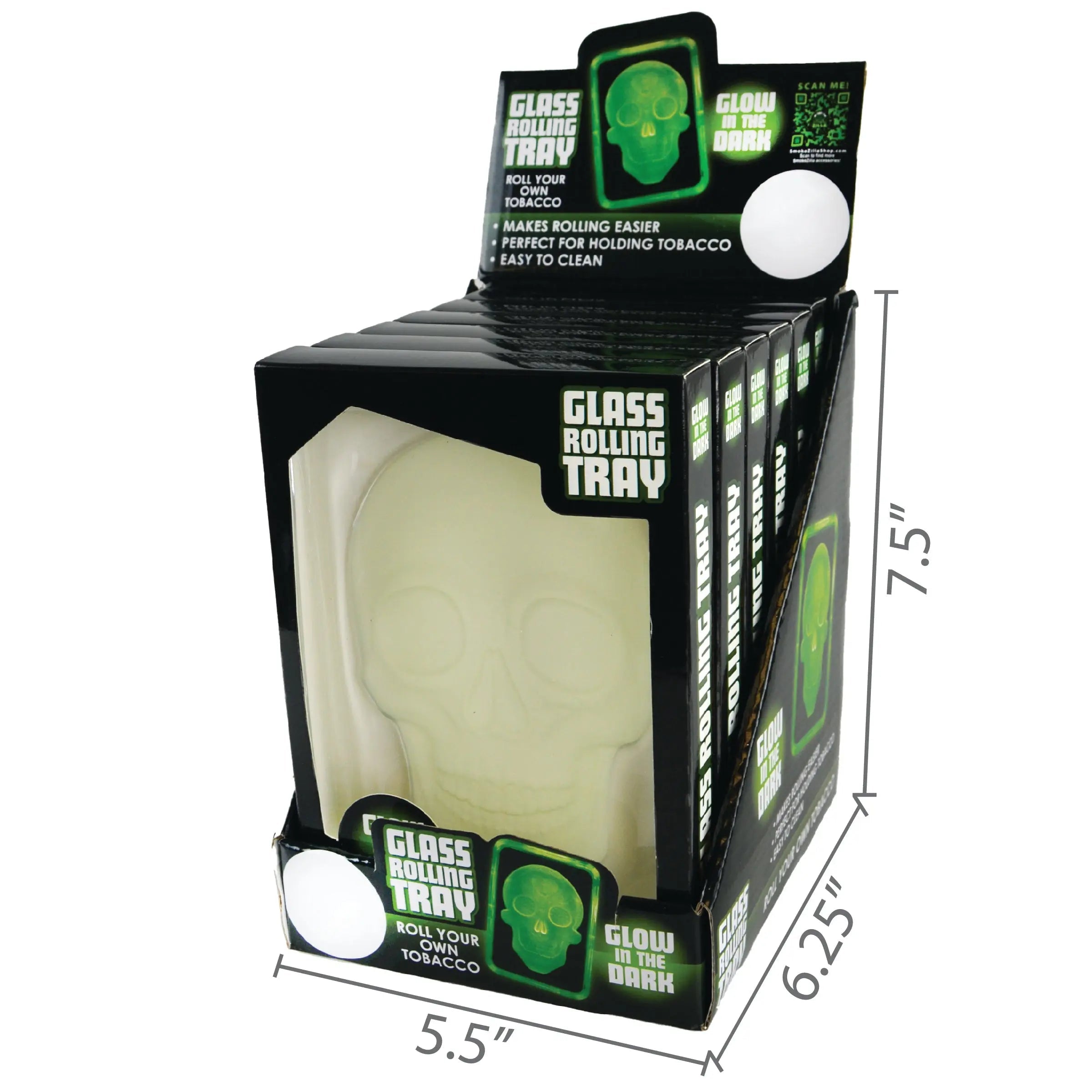 Glow in The Dark Skull Glass Rolling Tray - 6 Pieces Per Retail Ready Display 22066 SMOKEZILLA