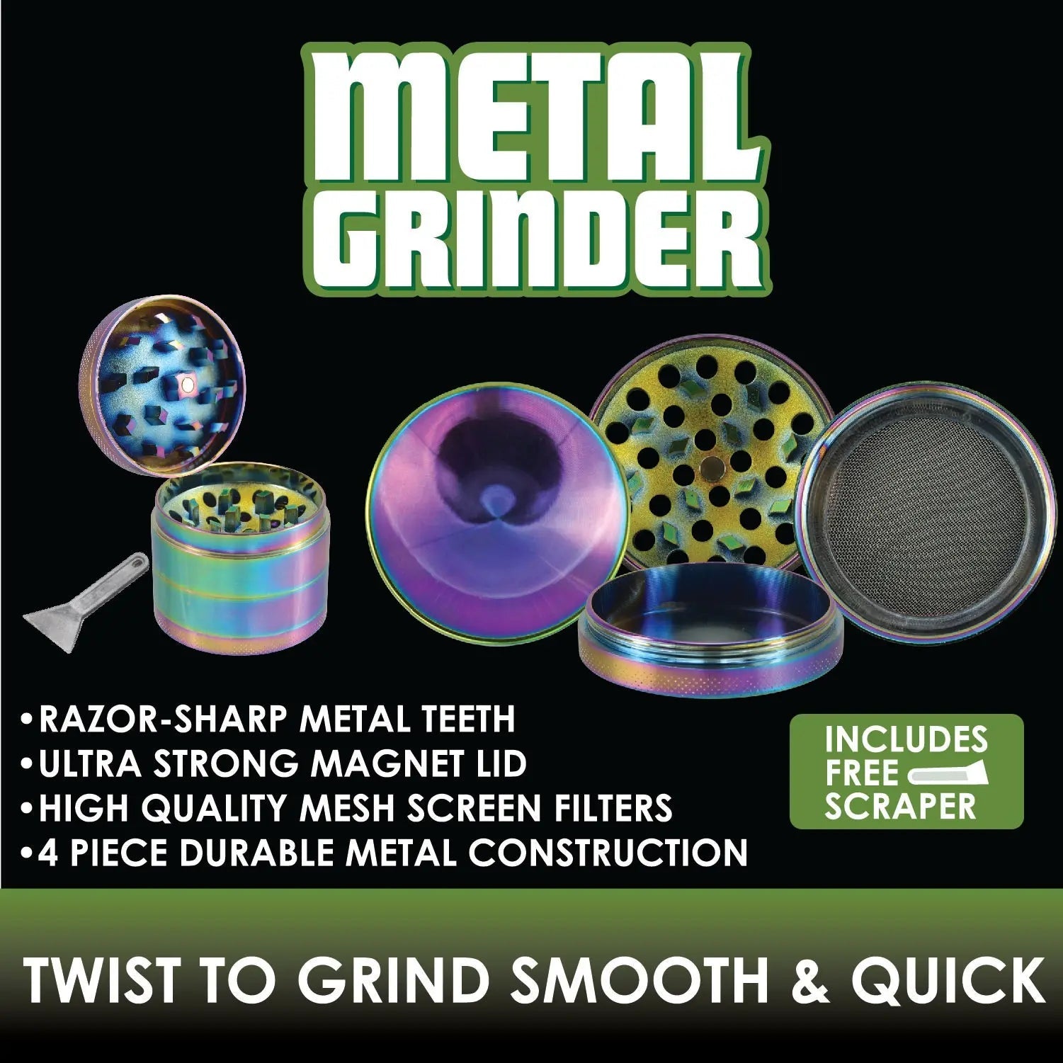 Metal 4 Piece Rainbow Grinder with Magnetic Closure - 6 Pieces Per Retail Ready Display 22522 SMOKEZILLA