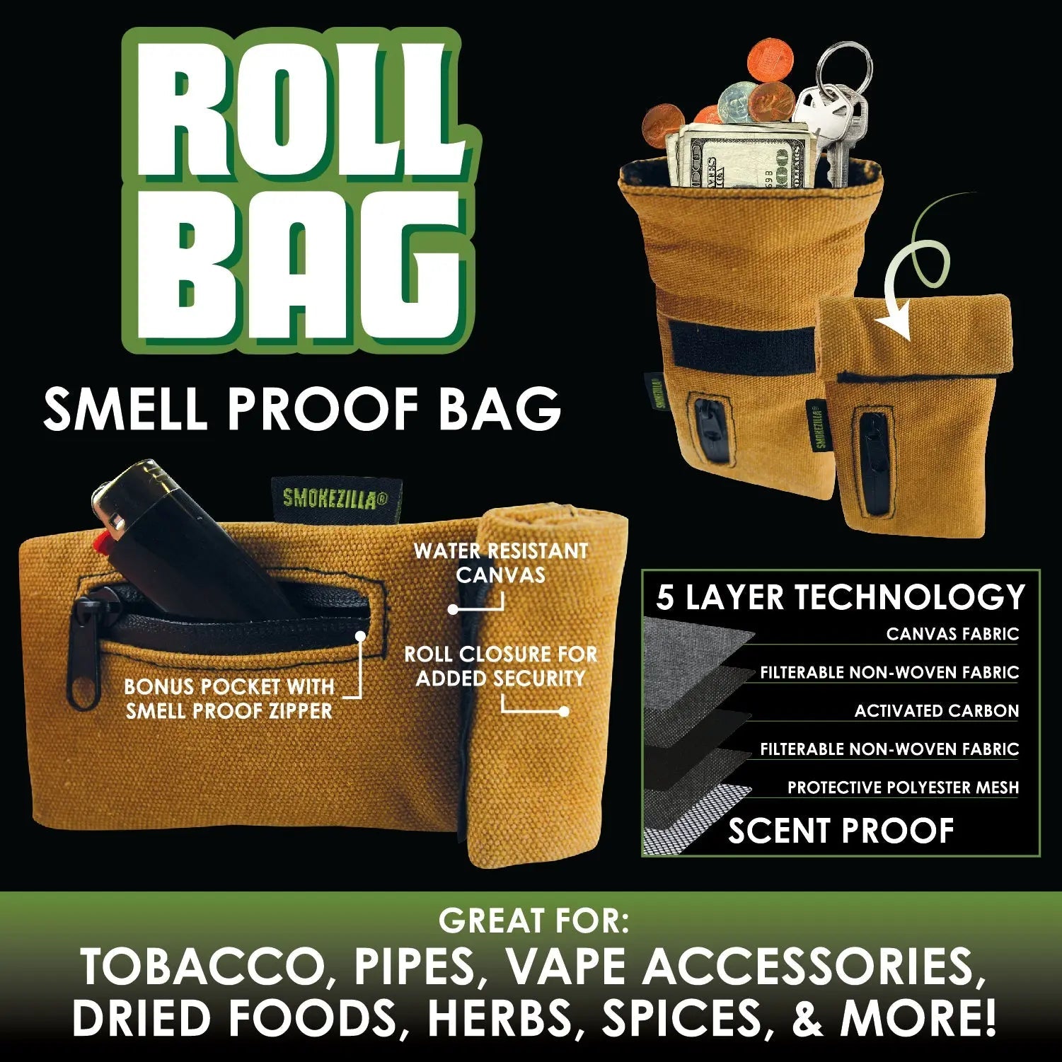 Smell Proof Canvas Roll Bag - 6 Pieces Per Retail Ready Display 22542 SMOKEZILLA
