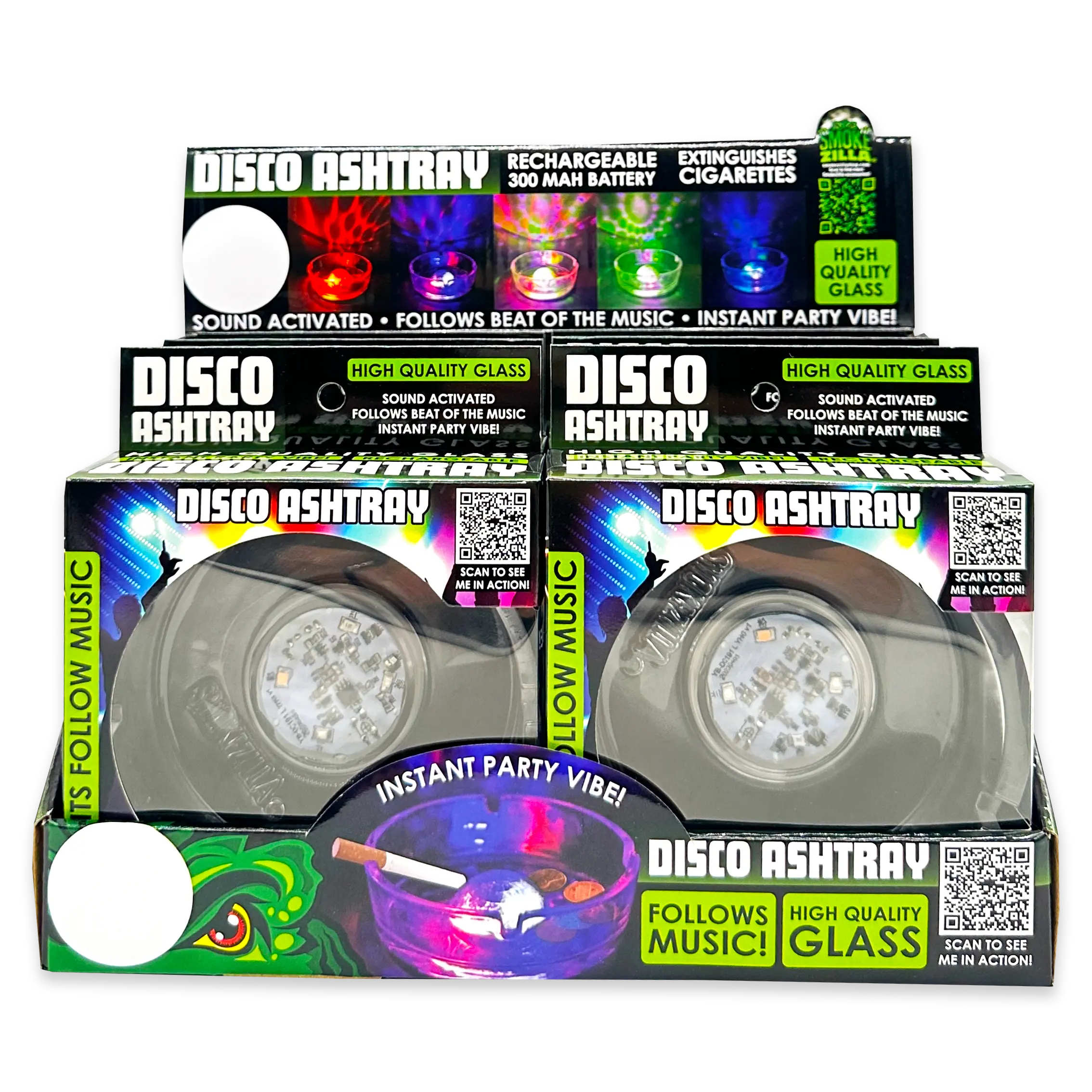 Disco Glass Ashtray with Sound Activated LED Lights - 6 Pieces Per Retail Ready Display 23743 SMOKEZILLA