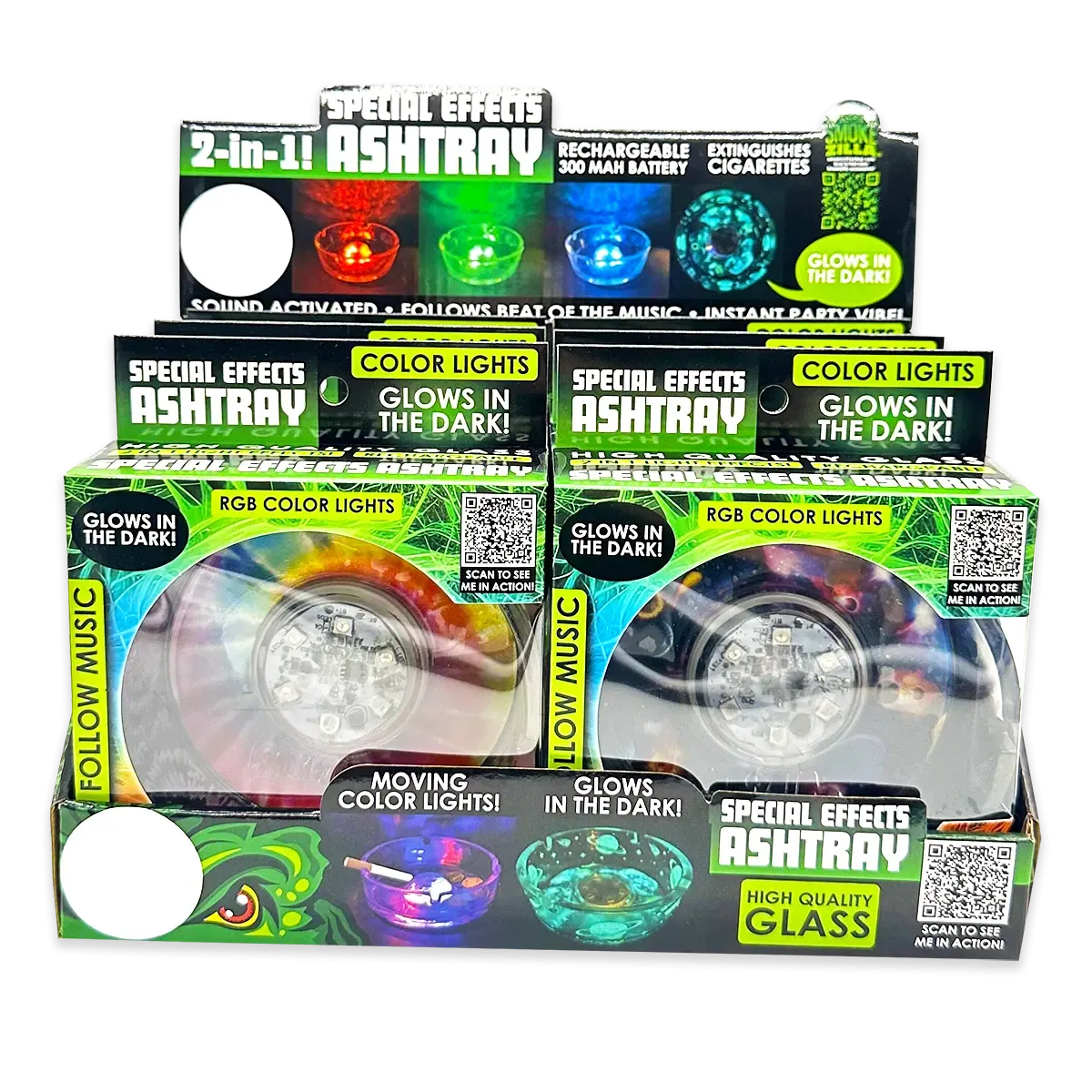 Light-Up Glass Ashtray with Multi-Color LED Lights - 6 Pieces Per Retail Ready Display 23744 SMOKEZILLA