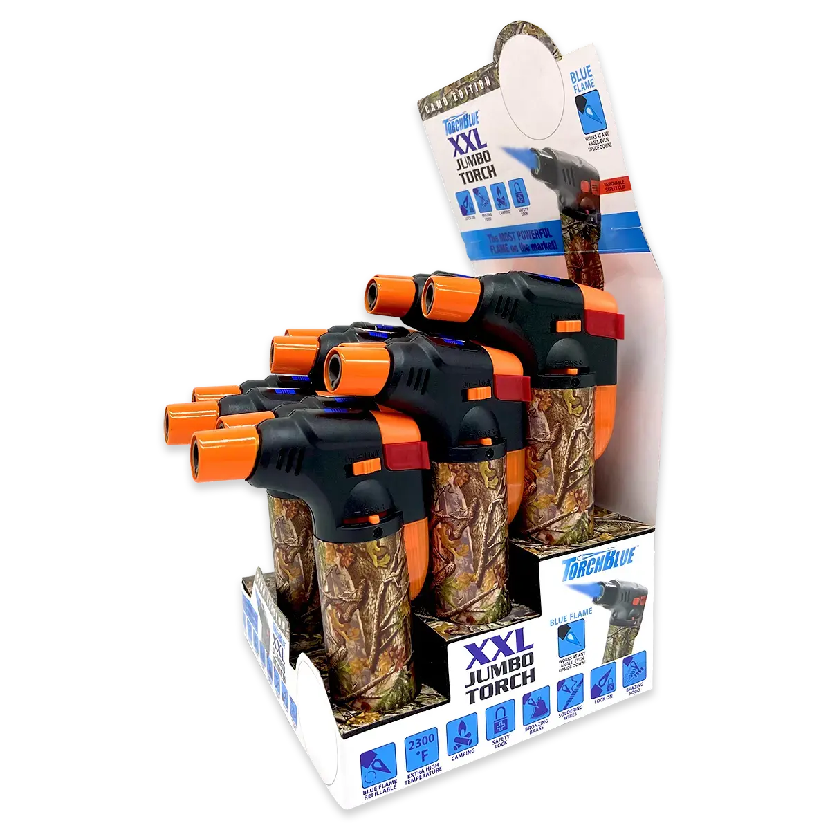 Camo Torch Tower – 3 Tier Metal Countertop Assortment - 39 Pieces Per Retail Ready Display 88671 TORCH BLUE