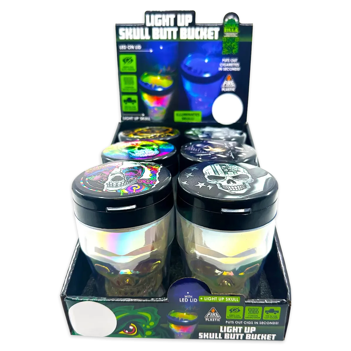 Printed Lid Light-Up Skull Butt Bucket Ashtray - 6 Pieces Per Retail Ready Display 23981 SMOKEZILLA