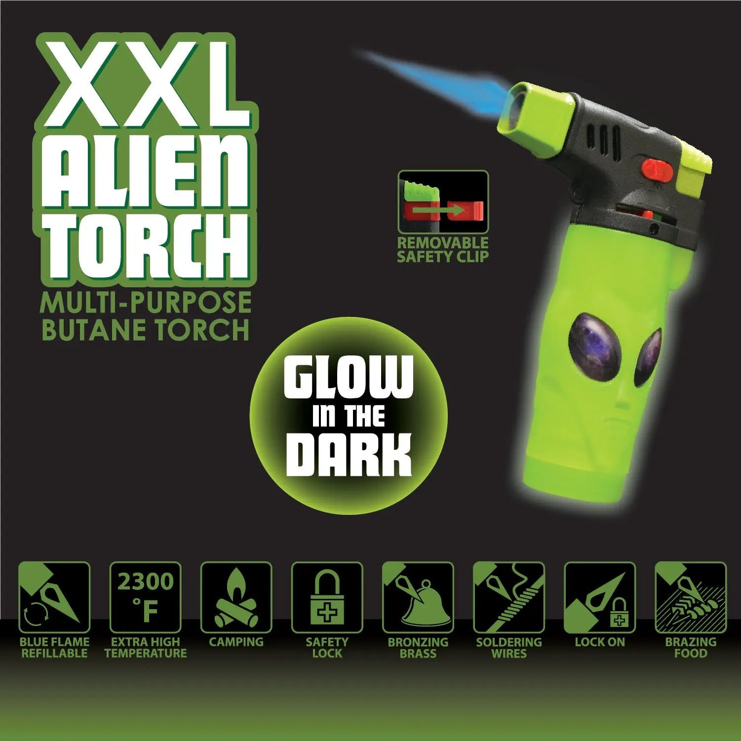Glow In The Dark Molded Alien XXL Torch Lighter - 12 Pieces Per Retail Ready Display 24811 SMOKEZILLA