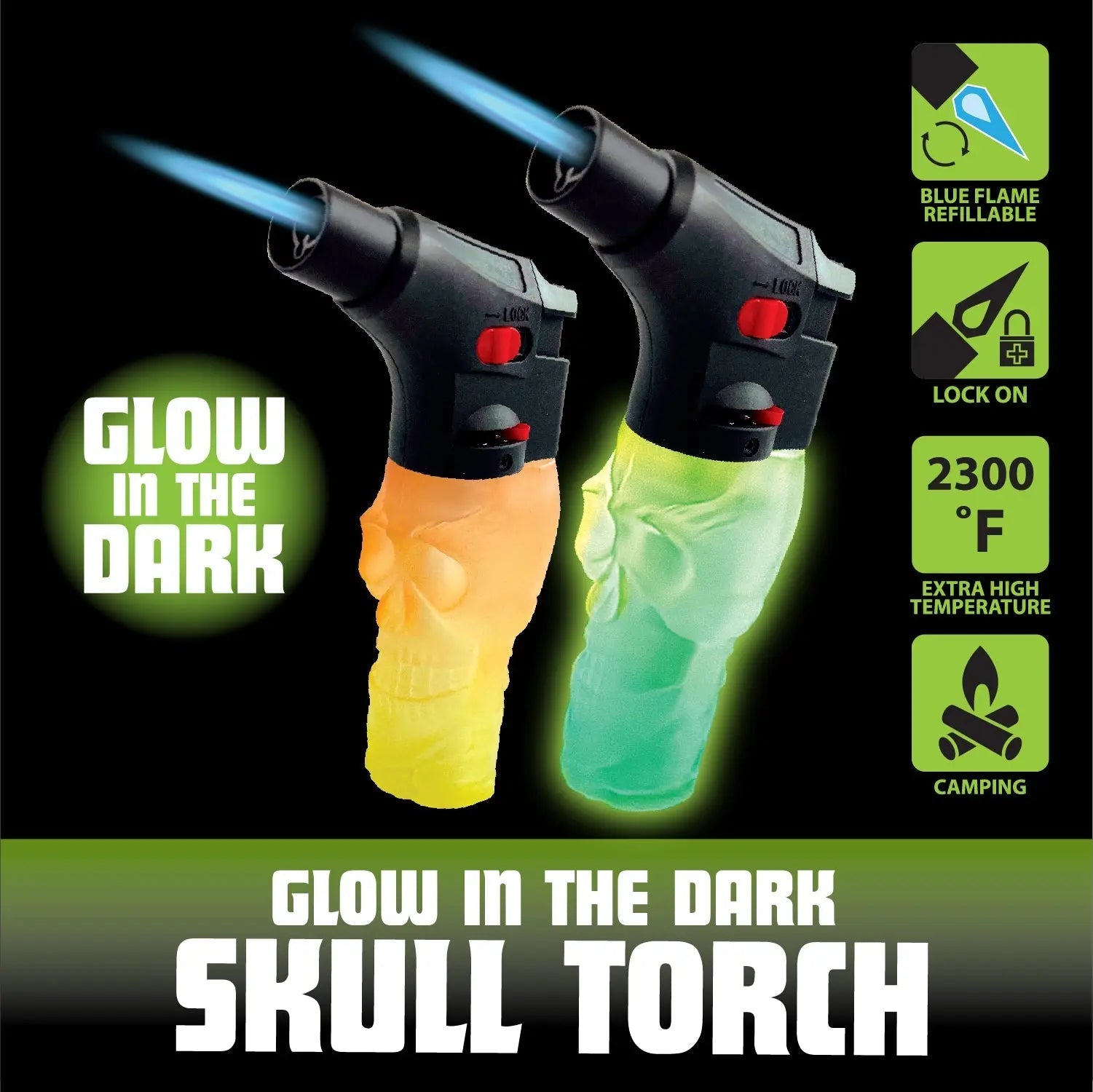 Glow in The Dark Skull Torch Lighter - 12 Pieces Per Retail Ready Display 25093 SMOKEZILLA