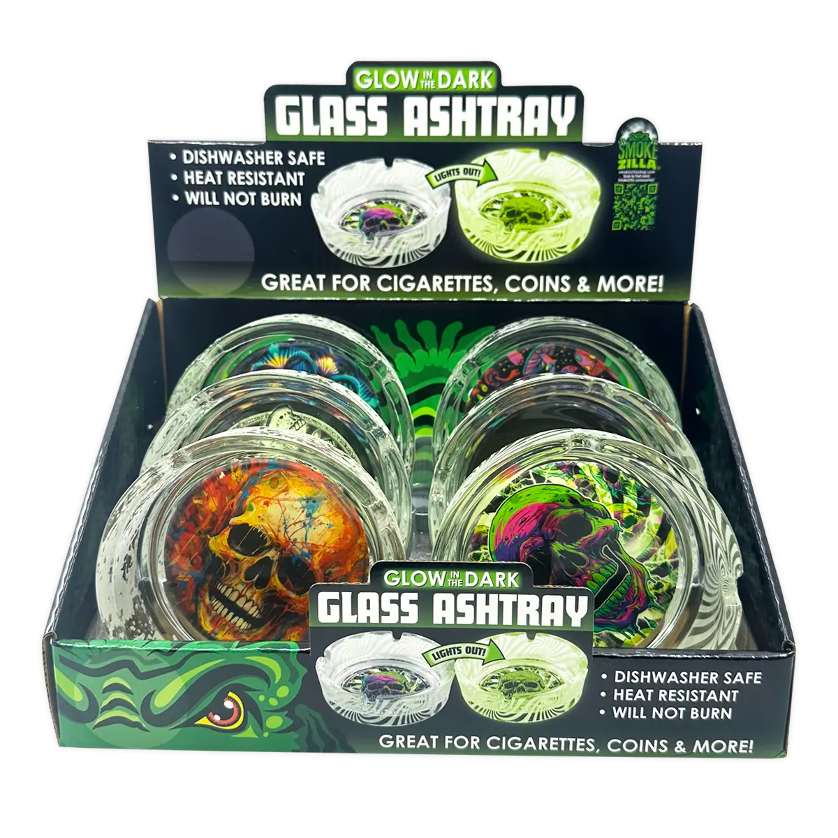 Glow in The Dark Glass Ashtray - 6 Pieces Per Retail Ready Display 25135 SMOKEZILLA