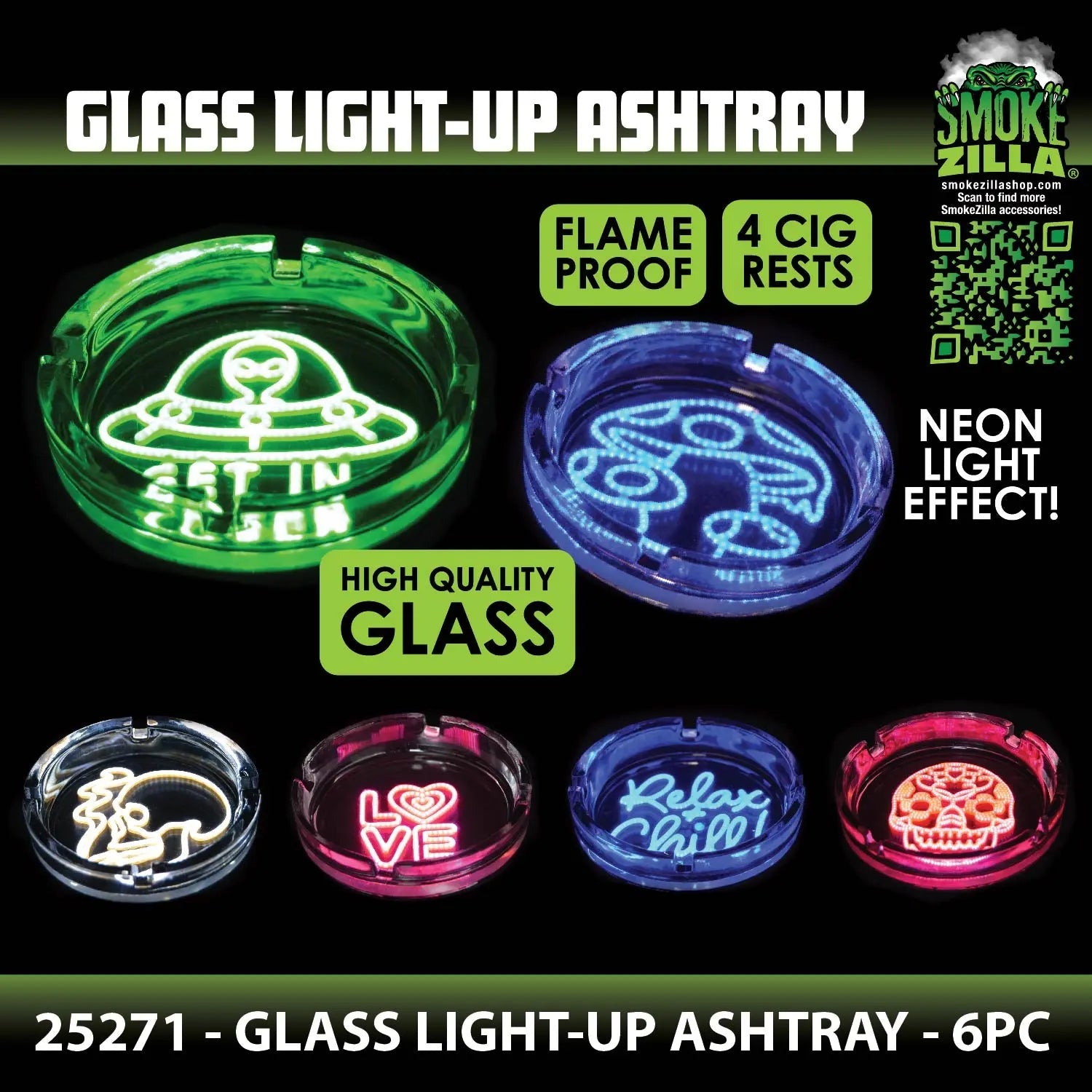 Light-Up Glass Ashtray - 6 Pieces Per Retail Ready Display 25271 SMOKEZILLA