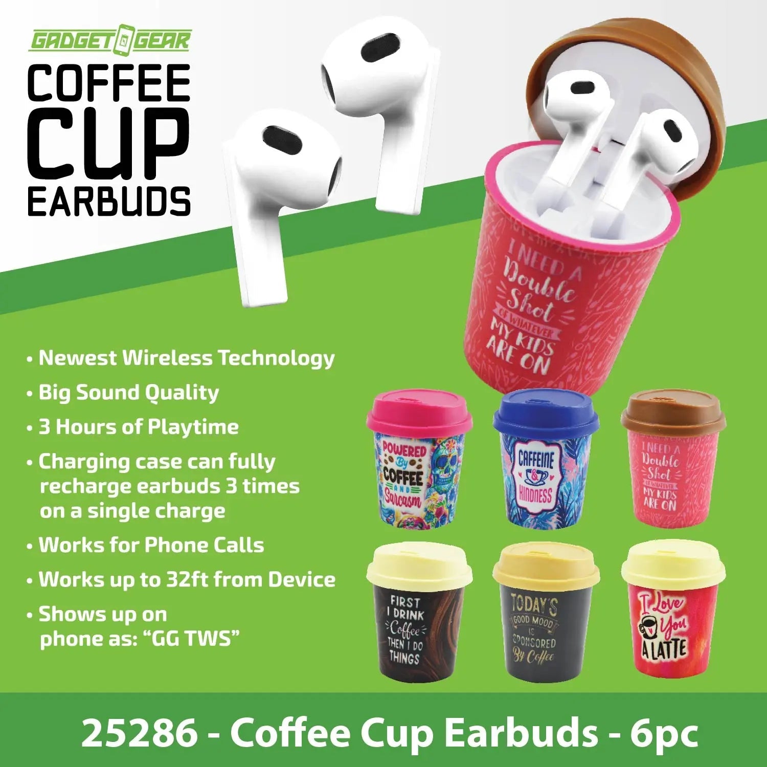 Wireless Earbuds with Coffee Cup Case - 6 Pieces Per Retail Ready Display 25286 GADGET GEAR