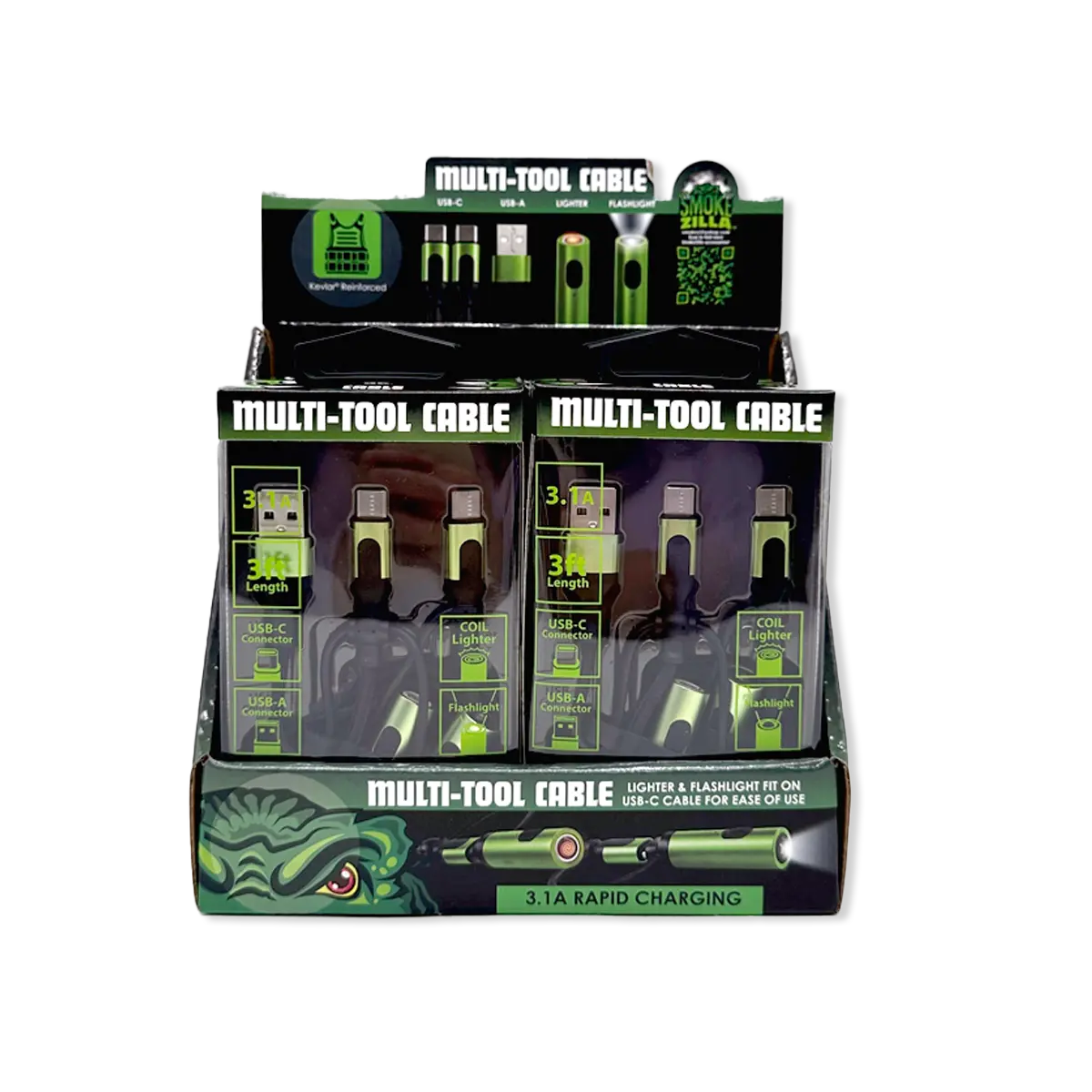 Multi-Tool Charging Cable Coil Lighter Flashlight Dual USB-C Ports with USB to USB-C - 6 Pieces Per Retail Ready Display 25318 SMOKEZILLA