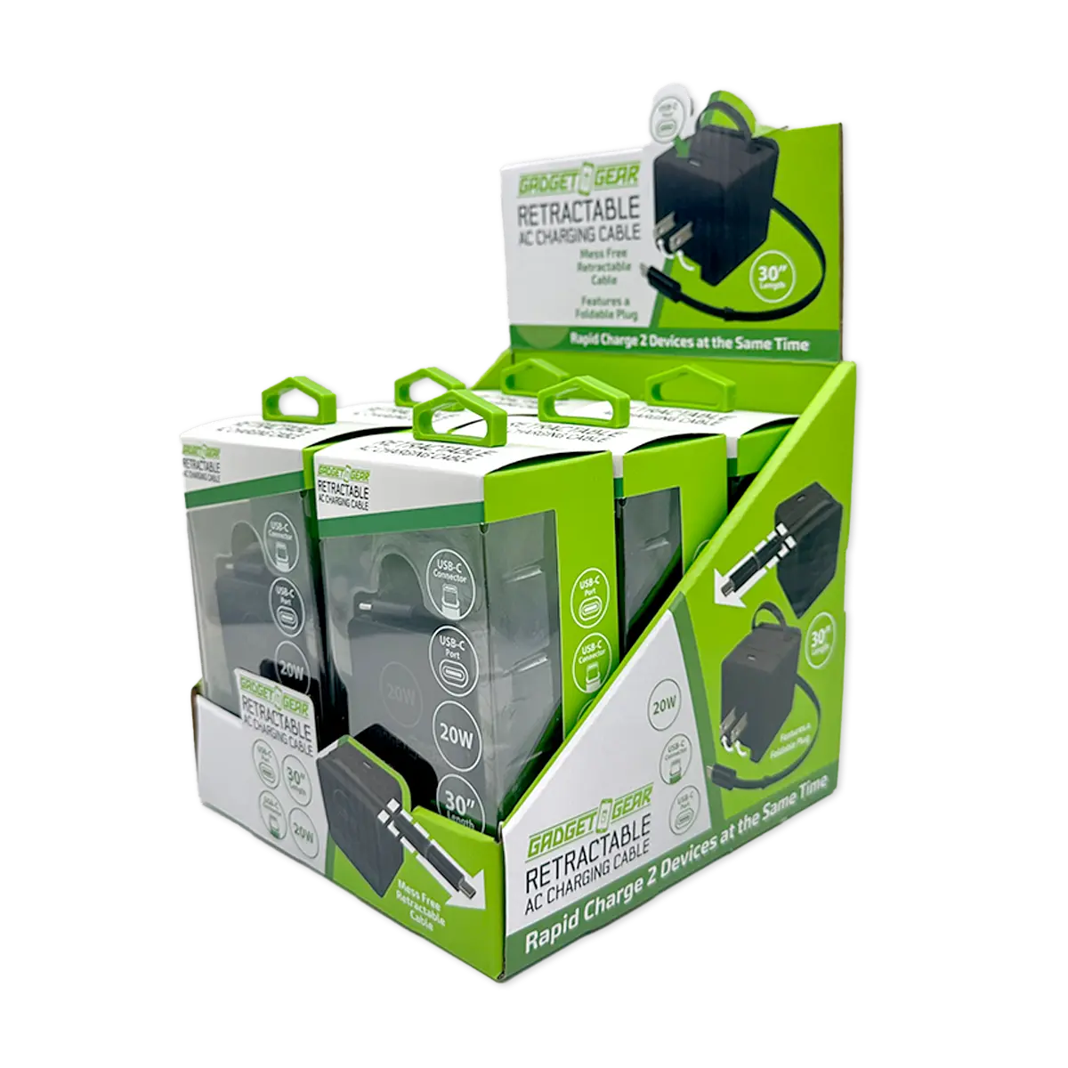 Retractable 30" Charger AC Dual Port USB-C 20 Watts - 6 Pieces Per Retail Ready Display 25383 GADGET GEAR