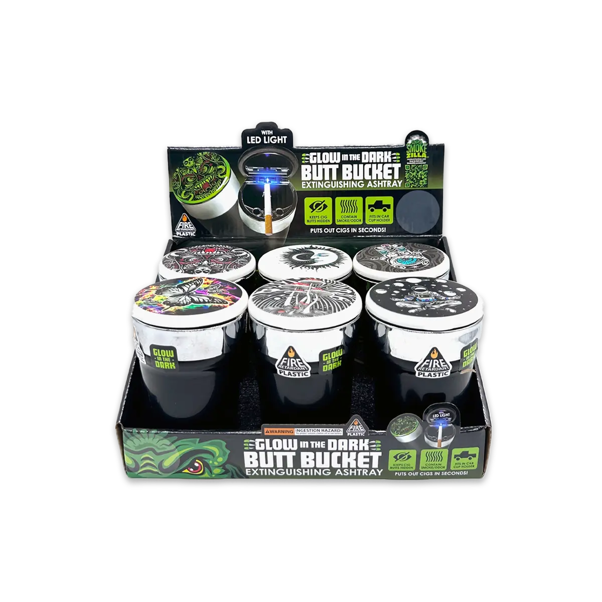 Glow In The Dark Lid Butt Bucket Ashtray with LED Light - 6 Per Retail Ready Display 25397 SMOKEZILLA