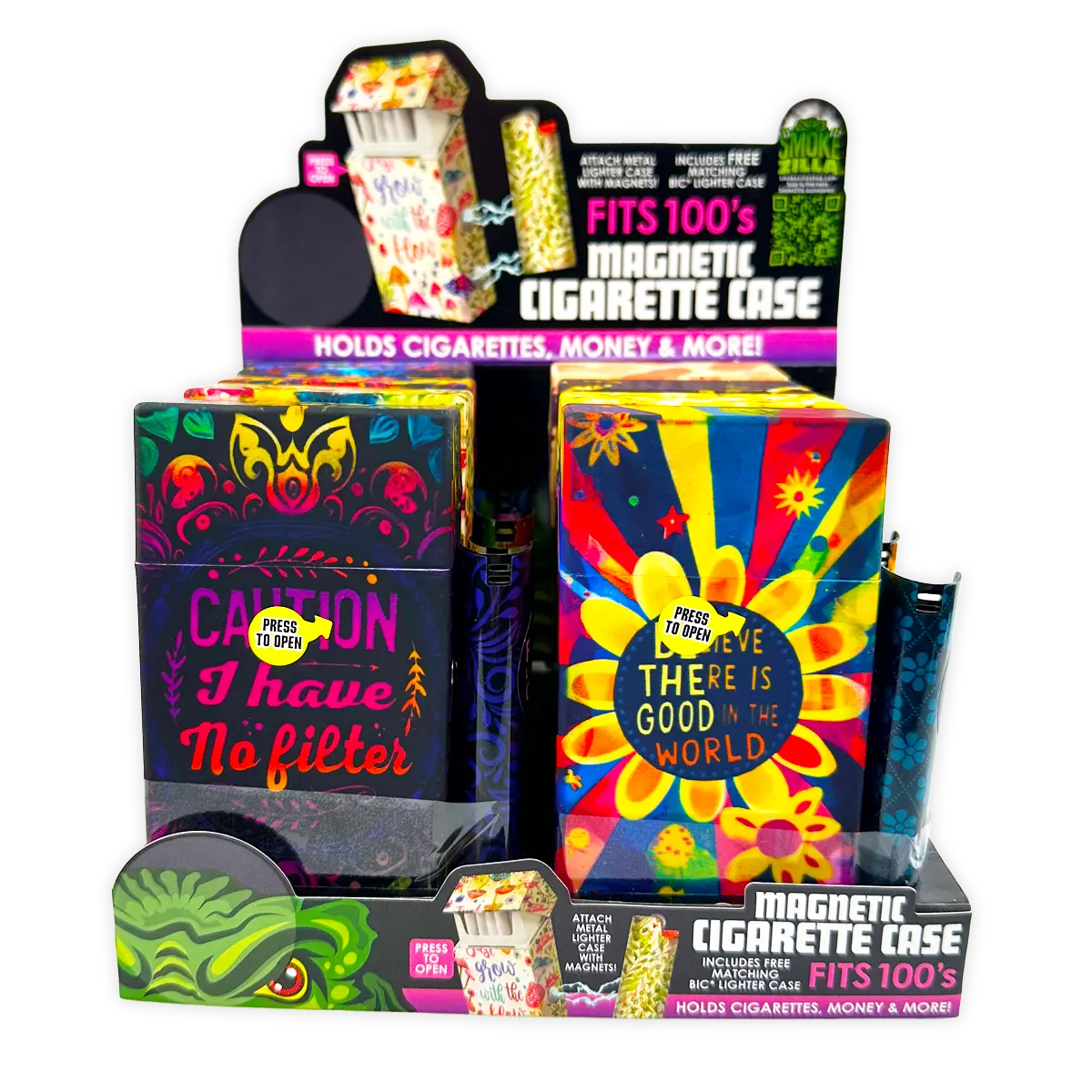 100s Cigarette Storage Case With Magnetic Lighter Case - 8 Pieces Per Retail Ready Display 25481 SMOKEZILLA