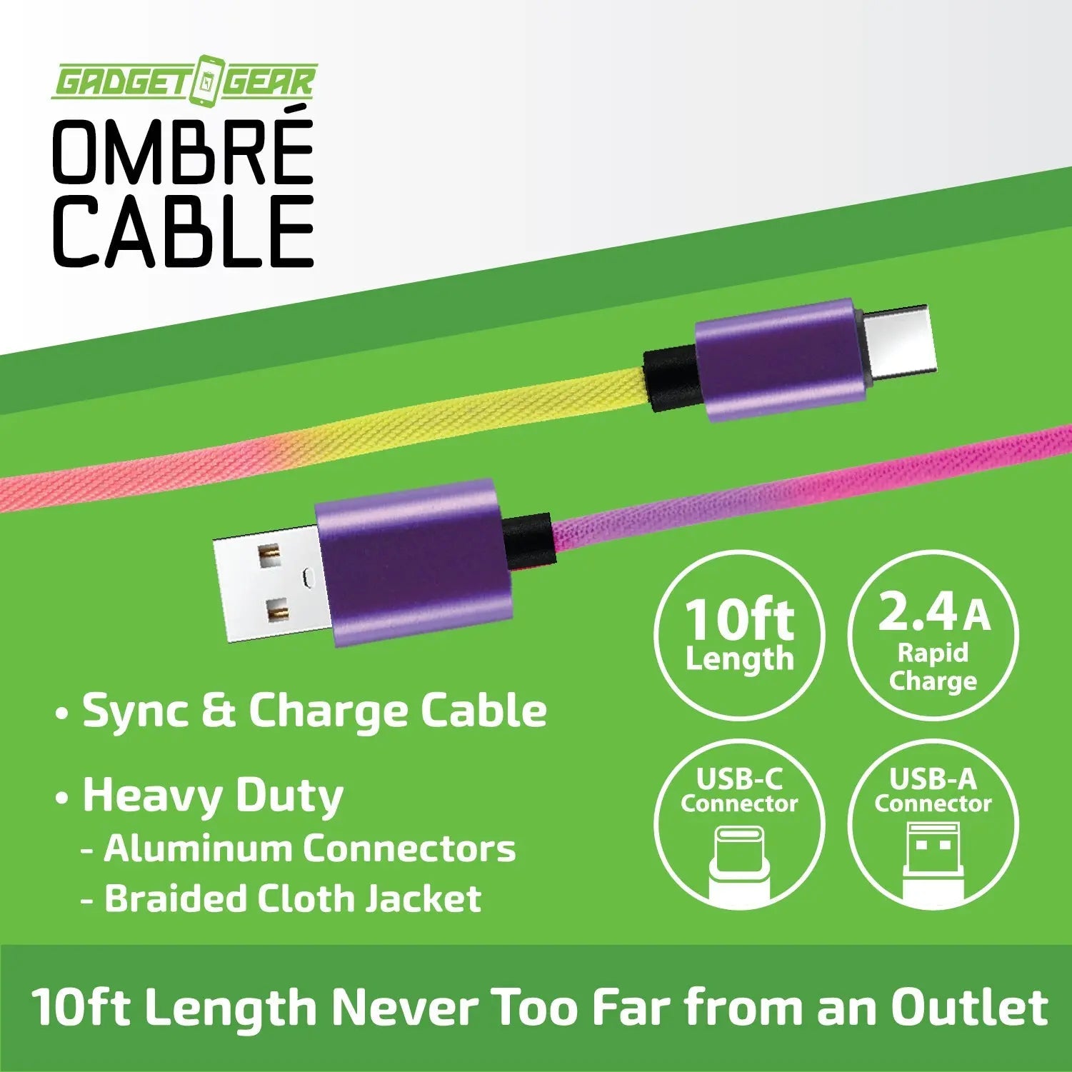 10FT Color Fade USB-A-to-USB-C Charging Cable - 6 Pieces Per Retail Ready Display 25484 GADGET GEAR
