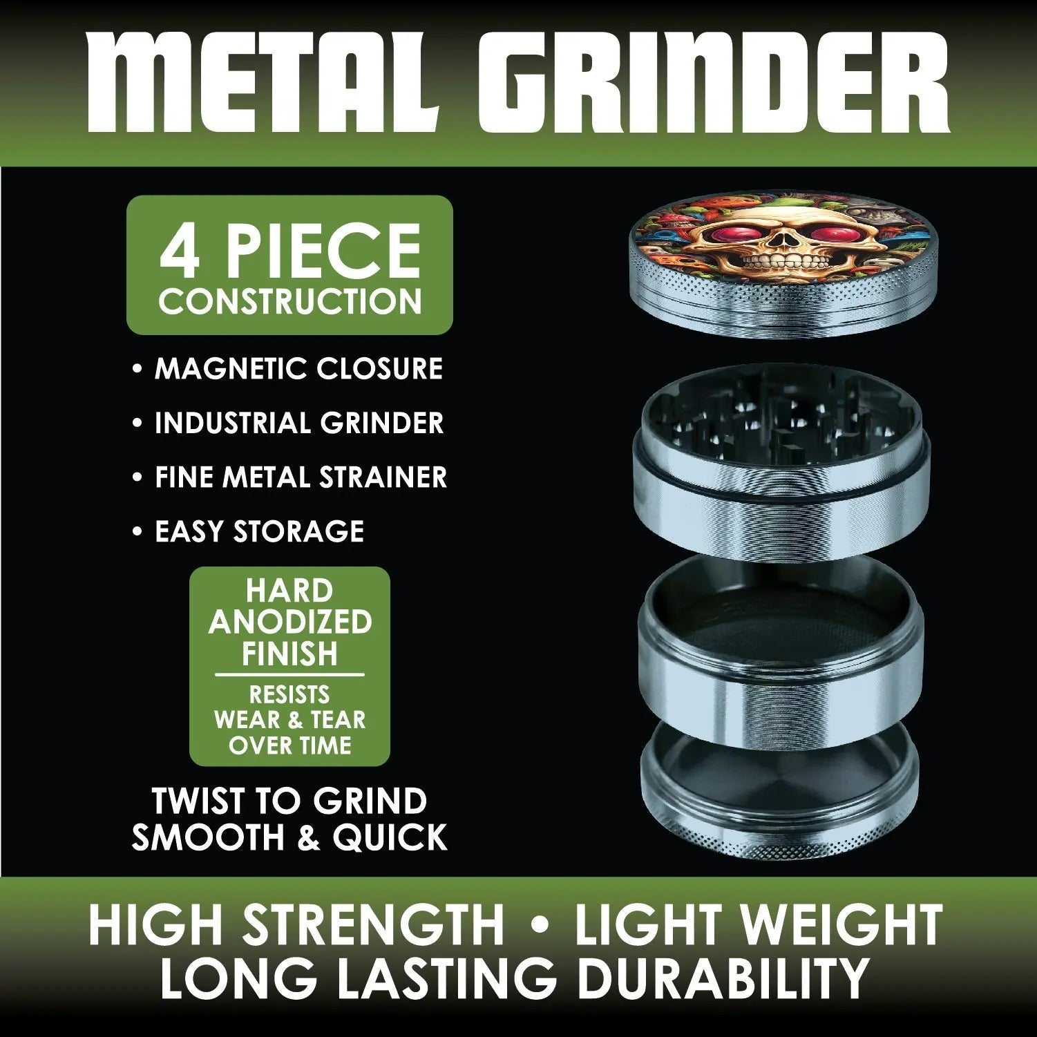 Metal 4 Piece Grinder with Printed Top - 6 Pieces Per Retail Ready Display 25551 SMOKEZILLA