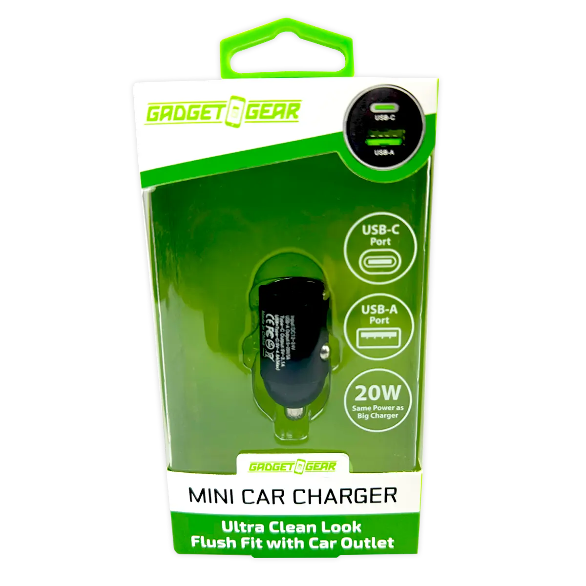 Mini Car Charger DC Dual Port USB / USB-C 20 Watts - 6 Pieces Per Retail Ready Display 25751 GADGET GEAR