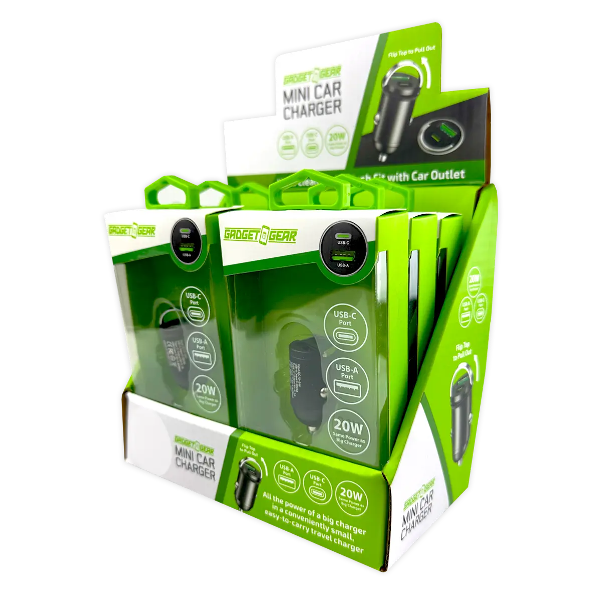 Mini Car Charger DC Dual Port USB / USB-C 20 Watts - 6 Pieces Per Retail Ready Display 25751 GADGET GEAR