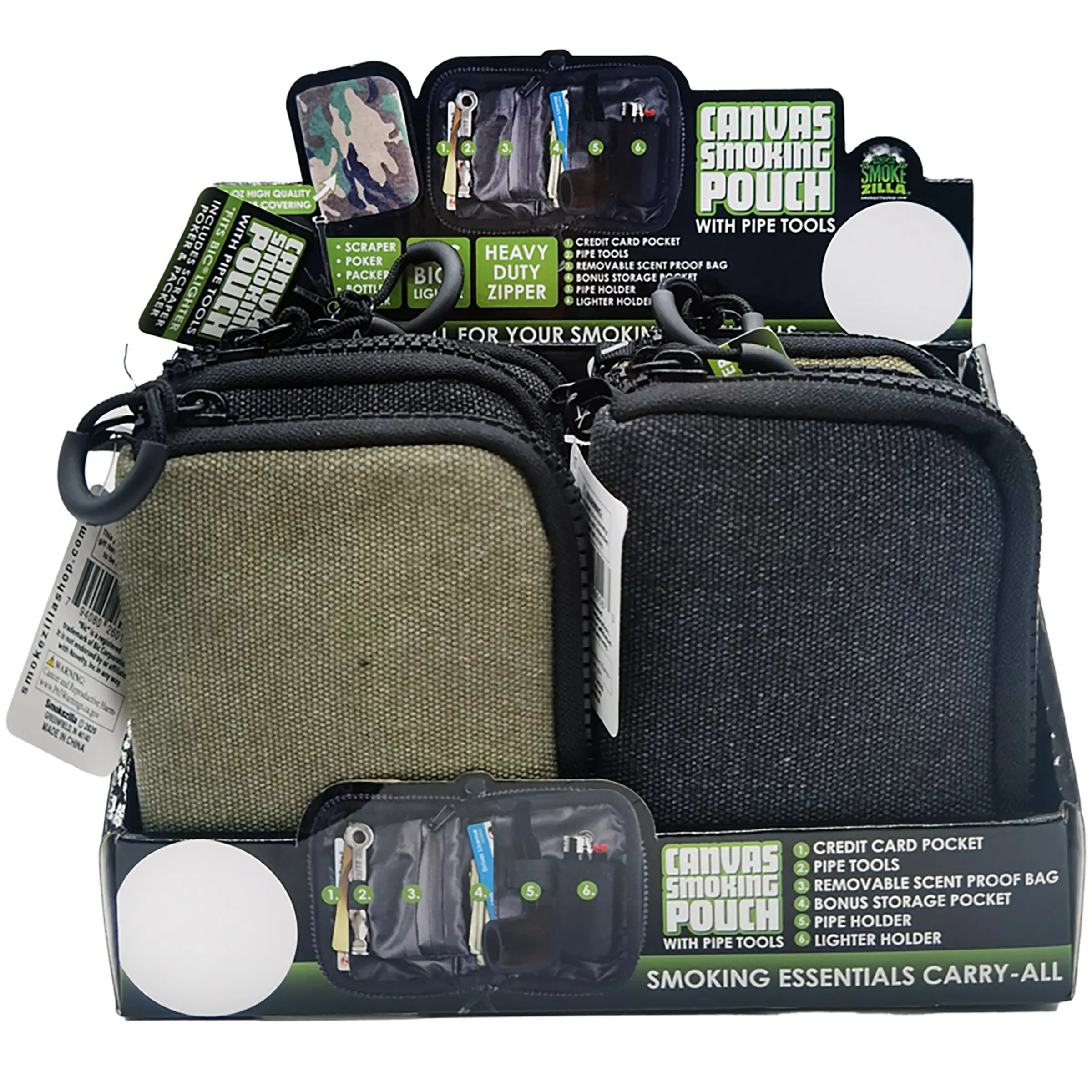 Canvas Smoking Pouch with Zipper  - 6 Pieces Per Retail Ready Display 26016 SMOKEZILLA