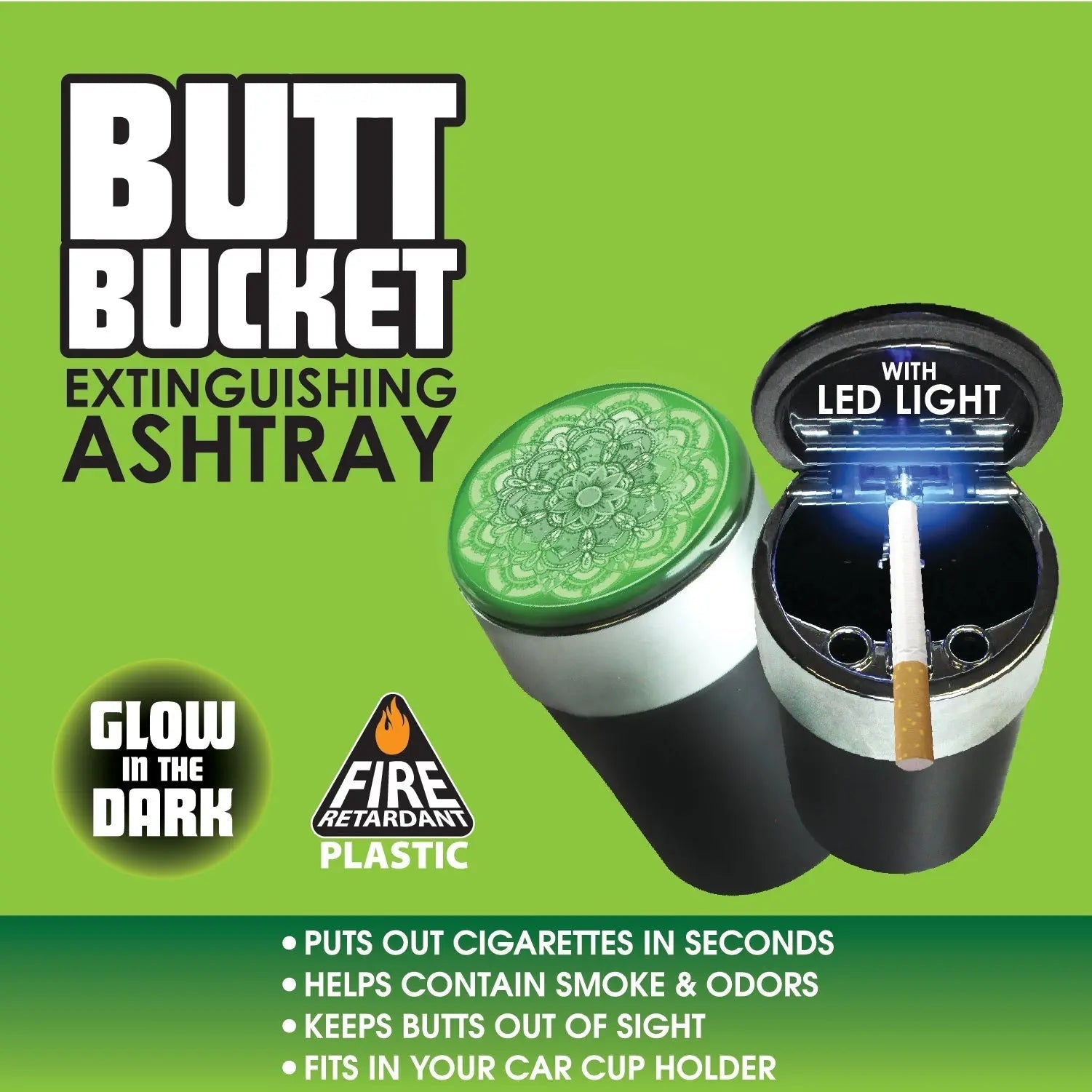 Glow In The Dark Printed Lid Butt Bucket Ashtray with LED Light - 2 Per Retail Ready Wholesale Display 40308 SMOKEZILLA