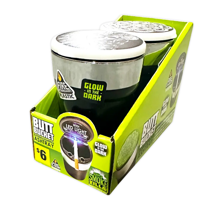 Glow In The Dark Printed Lid Butt Bucket Ashtray with LED Light - 2 Per Retail Ready Wholesale Display 40308