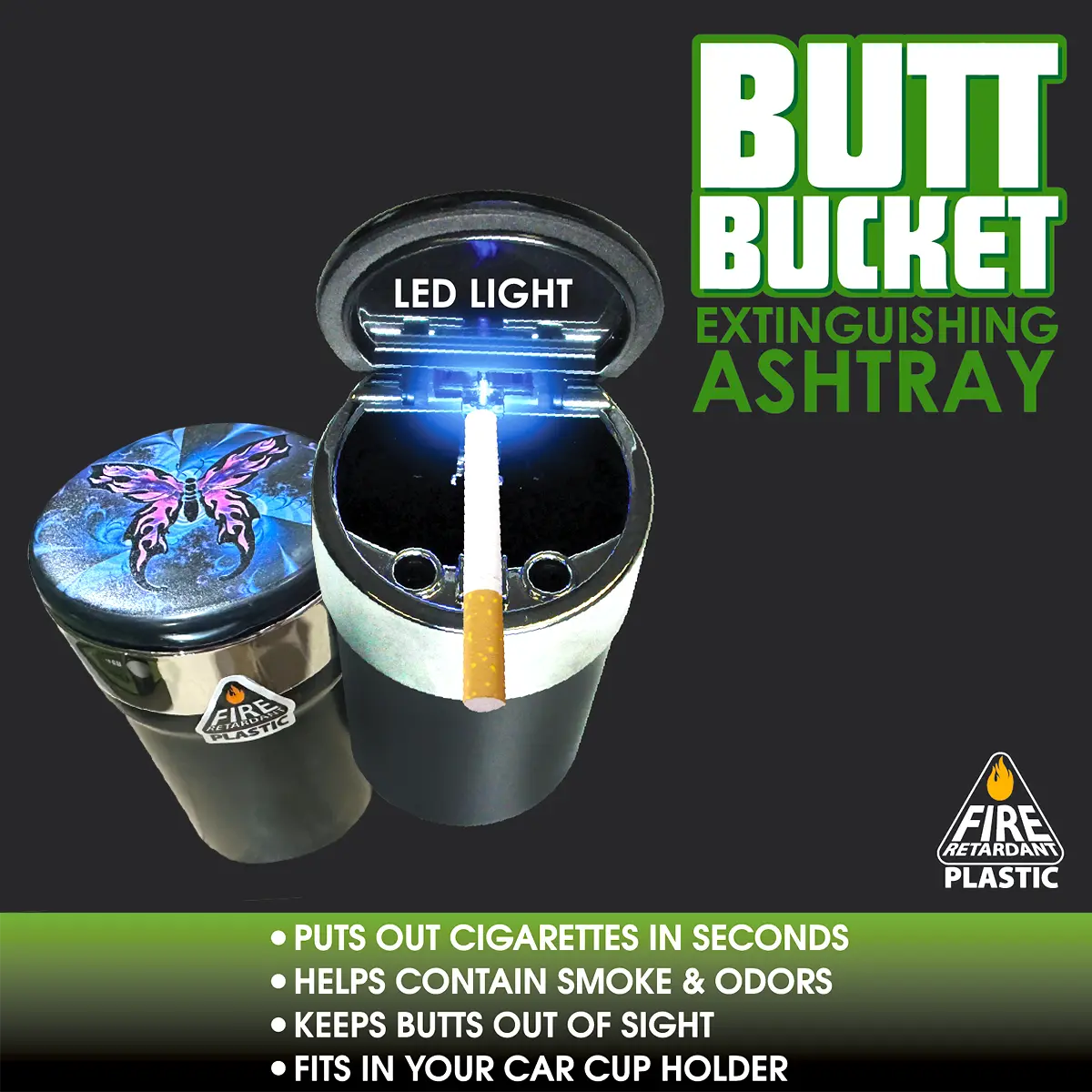 Printed Lid Butt Bucket Ashtray with LED light- 2 Per Retail Ready Wholesale Display 40309 SMOKEZILLA