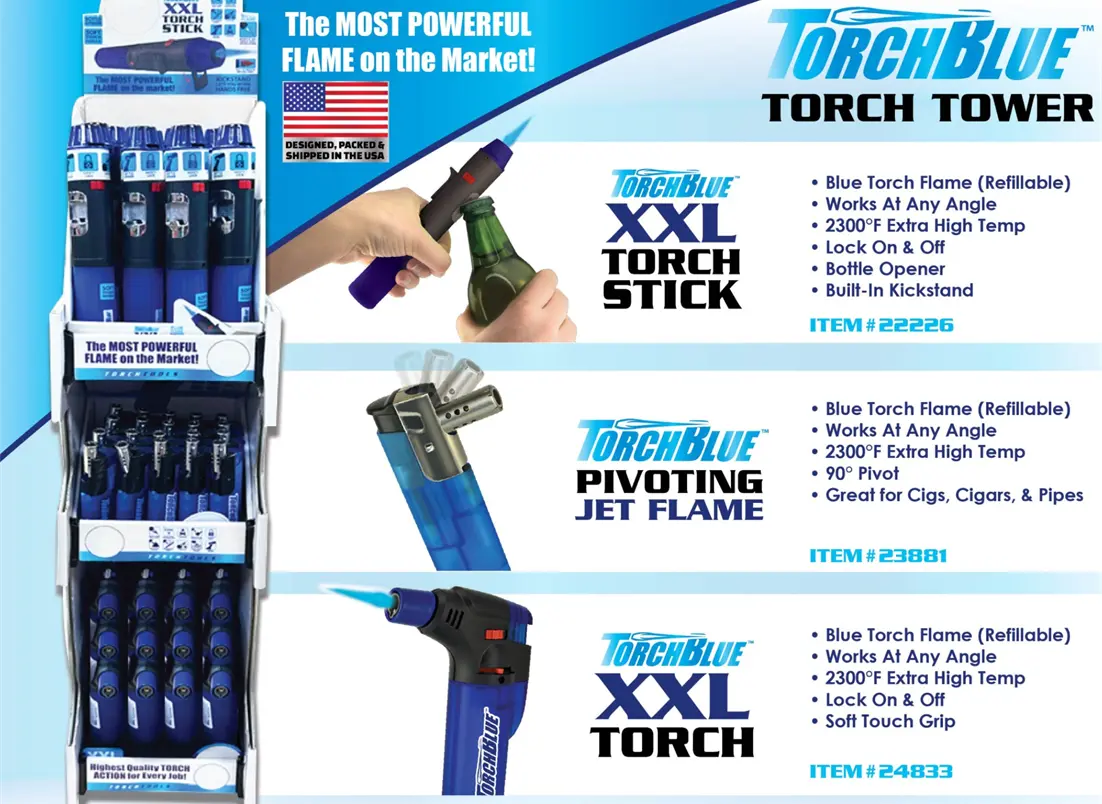 Butane Torch Lighters 3 Tier Countertop Assortment - 49 Pieces Per Retail Ready Display 88674 TORCH BLUE