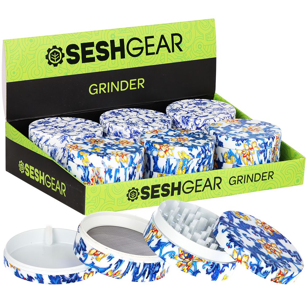 6CT DISPLAY - SeshGear Vintage Aluminum Grinder - 4pc / 2.5" / Assorted Designs, BDD Wholesale