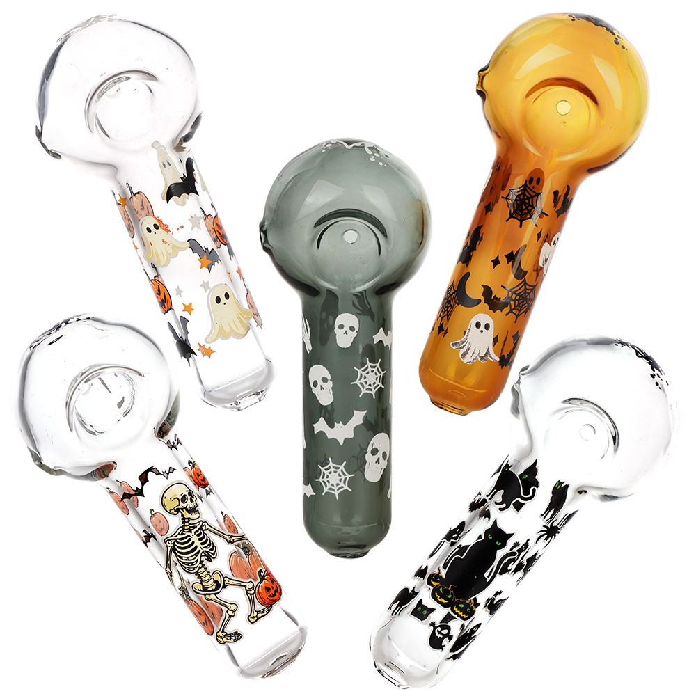 5CT BUNDLE - Pulsar Halloween Glass Spoon Pipe - 4.5" / Assorted Colors & Designs, BDD Wholesale