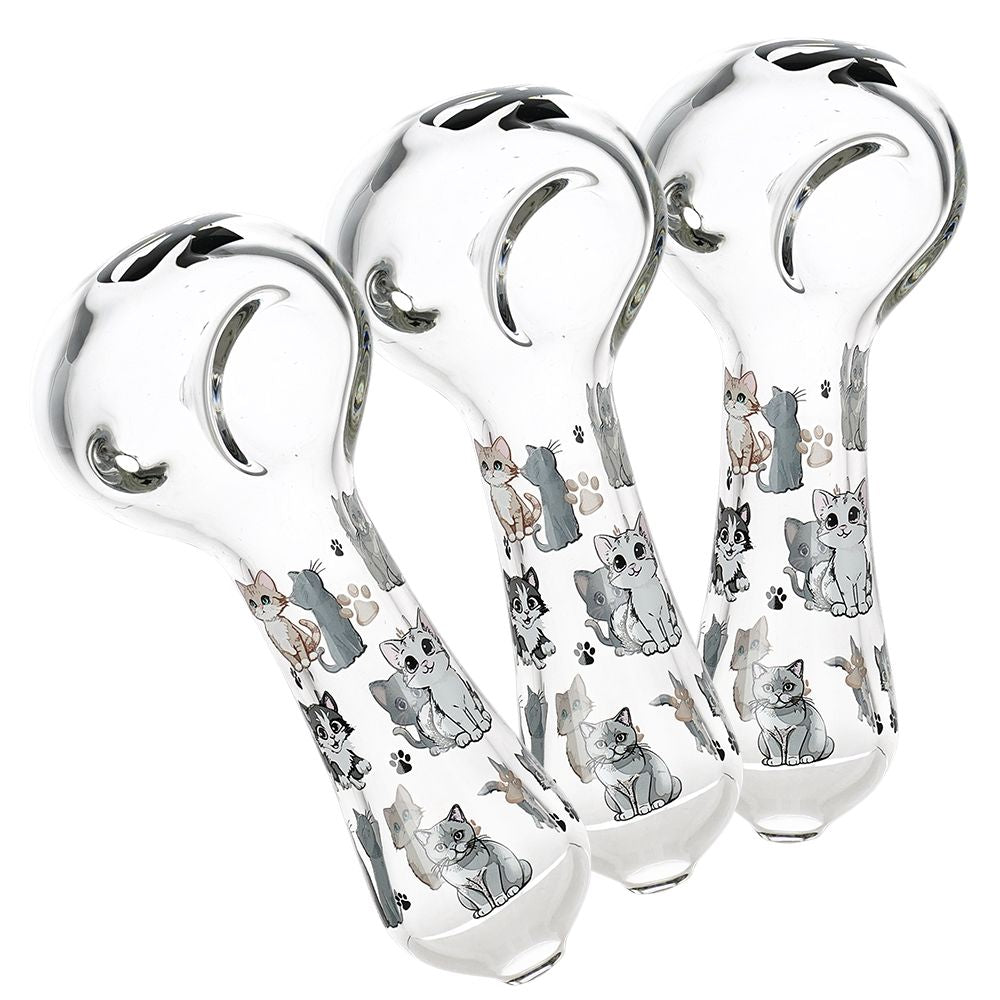 3CT BUNDLE - Pulsar Cute Kitties Glass Spoon Pipe - 4.5", BDD Wholesale