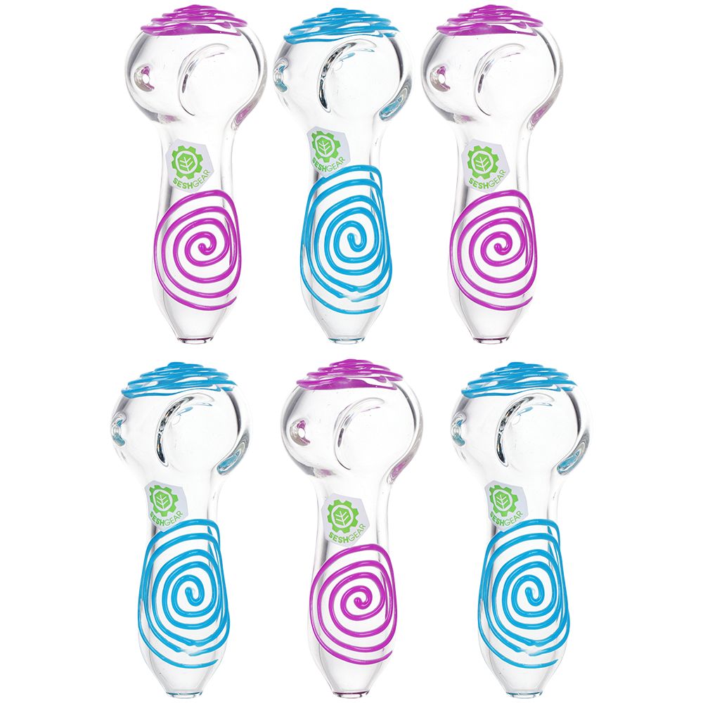 6CT BUNDLE - SeshGear Glowing Squiggles Glass Spoon Pipe - 4" / Assorted Colors, BDD Wholesale