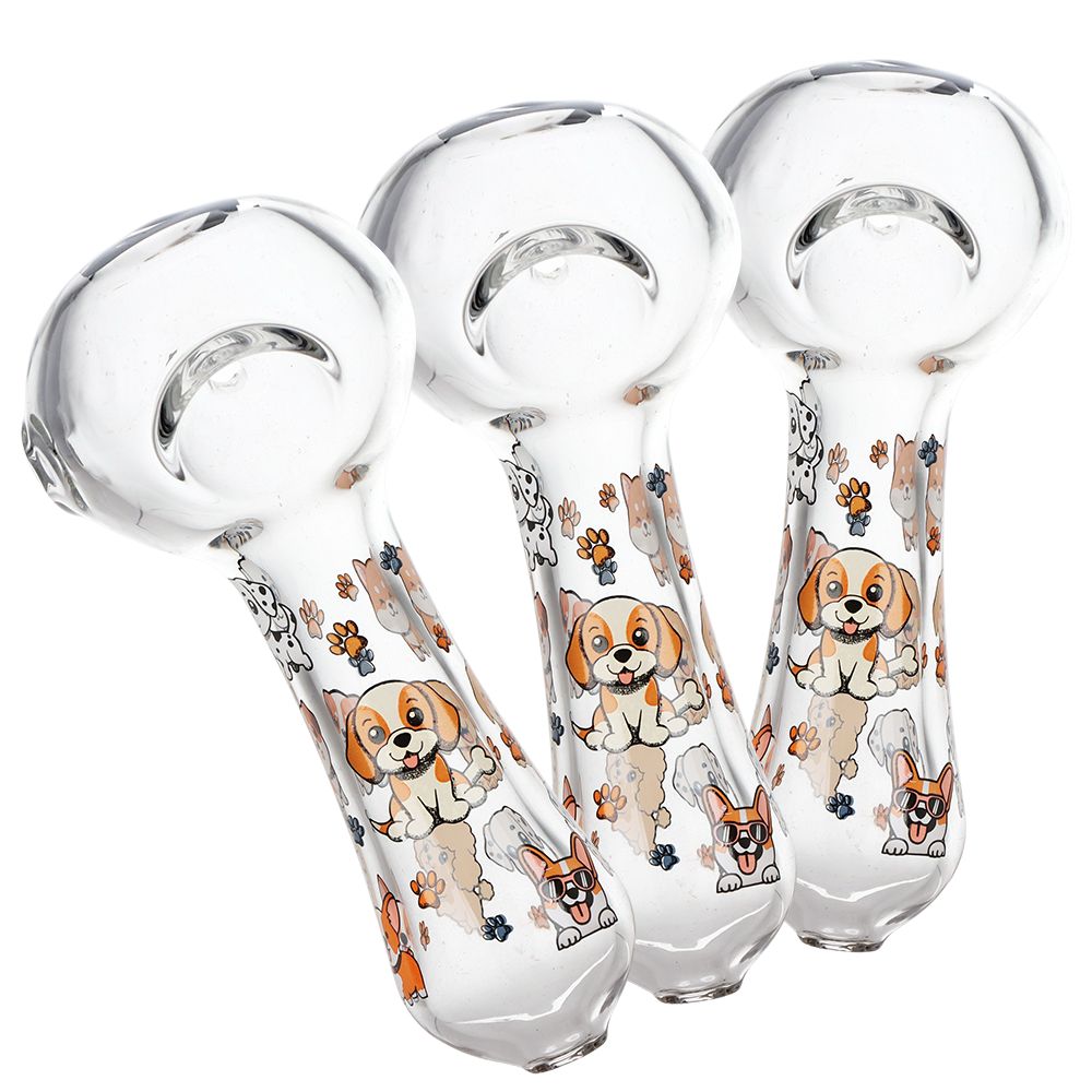 3CT BUNDLE - Pulsar Cute Doggies Glass Spoon Pipe - 4.5", BDD Wholesale