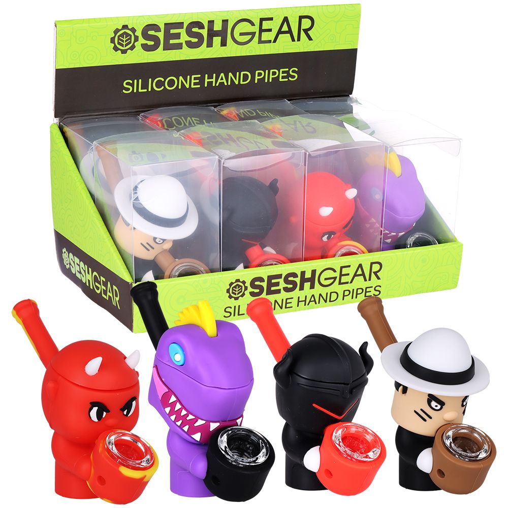 8CT DISPLAY - SeshGear Silicone Squad Secret Stash Hand Pipes - 4" / Assorted Designs, BDD Wholesale
