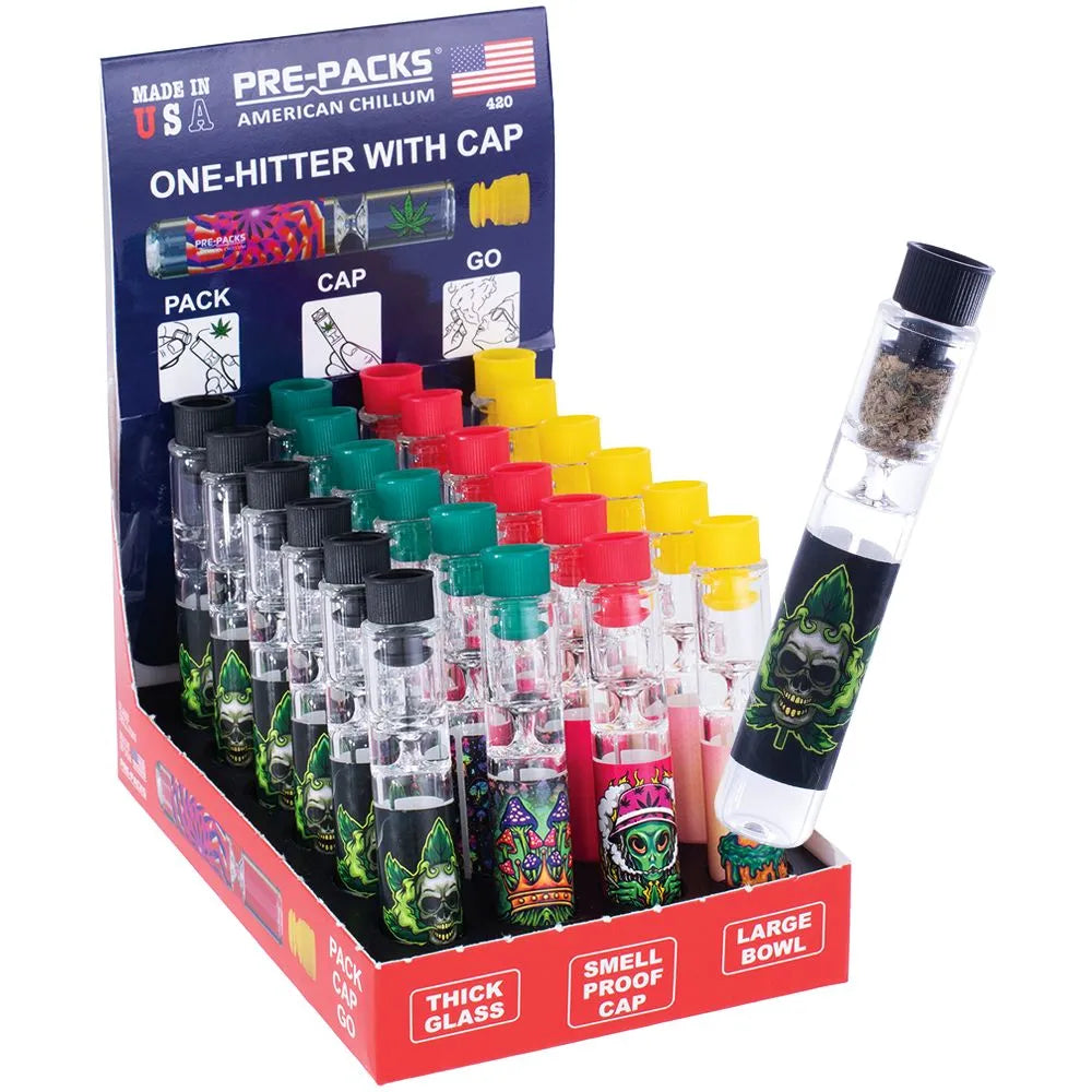 24CT DISPLAY - PRE-PACKS American Chillum One-Hitter with Smellproof Cap - 3.5" / Assorted Designs, BDD Wholesale