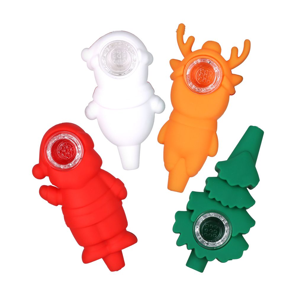 15CT FISHBOWL - Christmas Themed Silicone Hand Pipe  -  4" / Styles Vary, BDD Wholesale