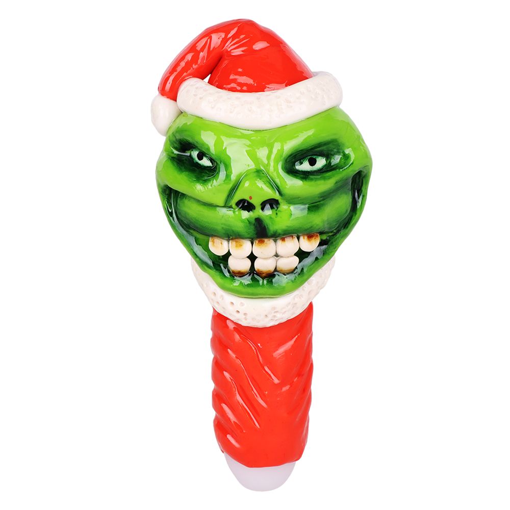 Grinch Enamel Resin Sculpted Glass Spoon Pipe - 6", BDD Wholesale