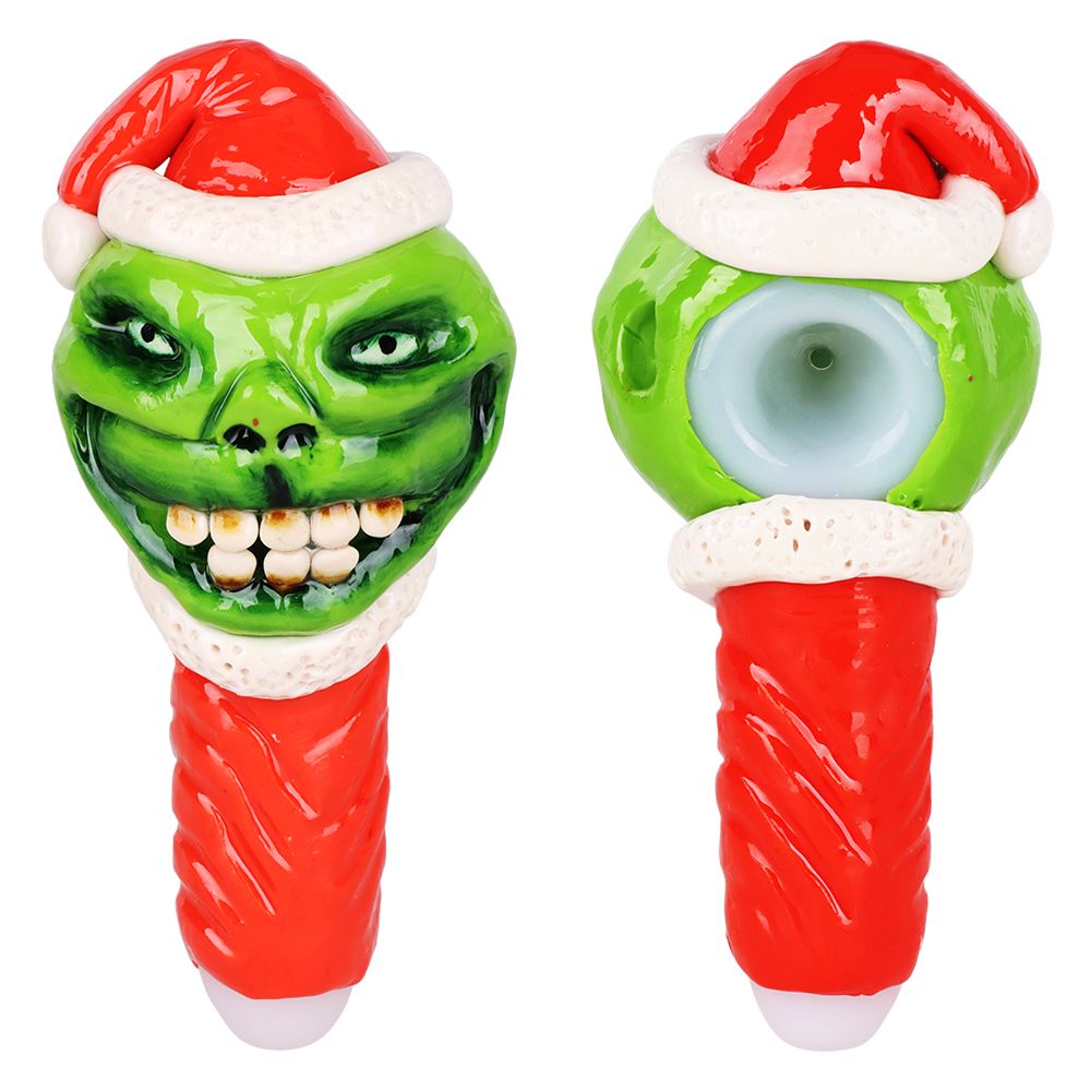 Grinch Enamel Resin Sculpted Glass Spoon Pipe - 6", BDD Wholesale