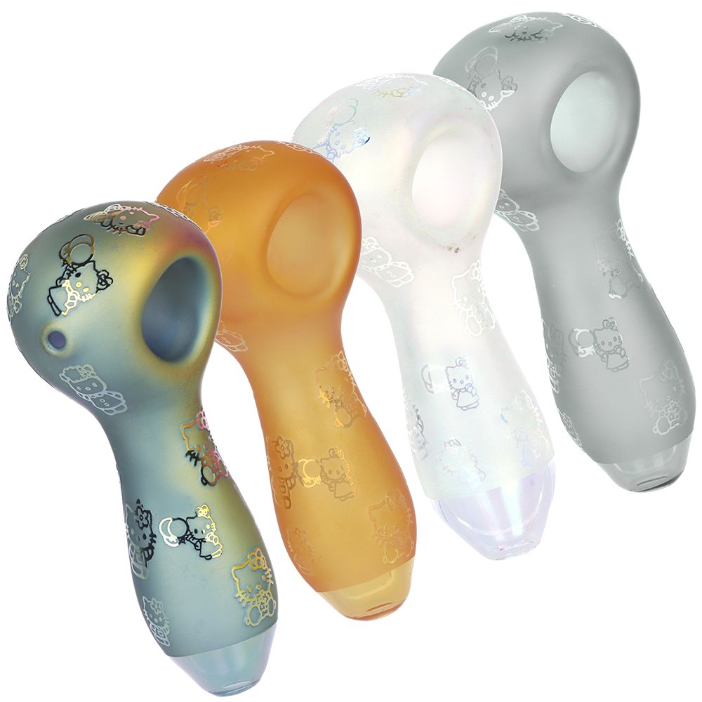 4CT BUNDLE - Hiya Cat Electroplated Etched Glass Spoon Pipe - 4" / Assorted Colors, BDD Wholesale