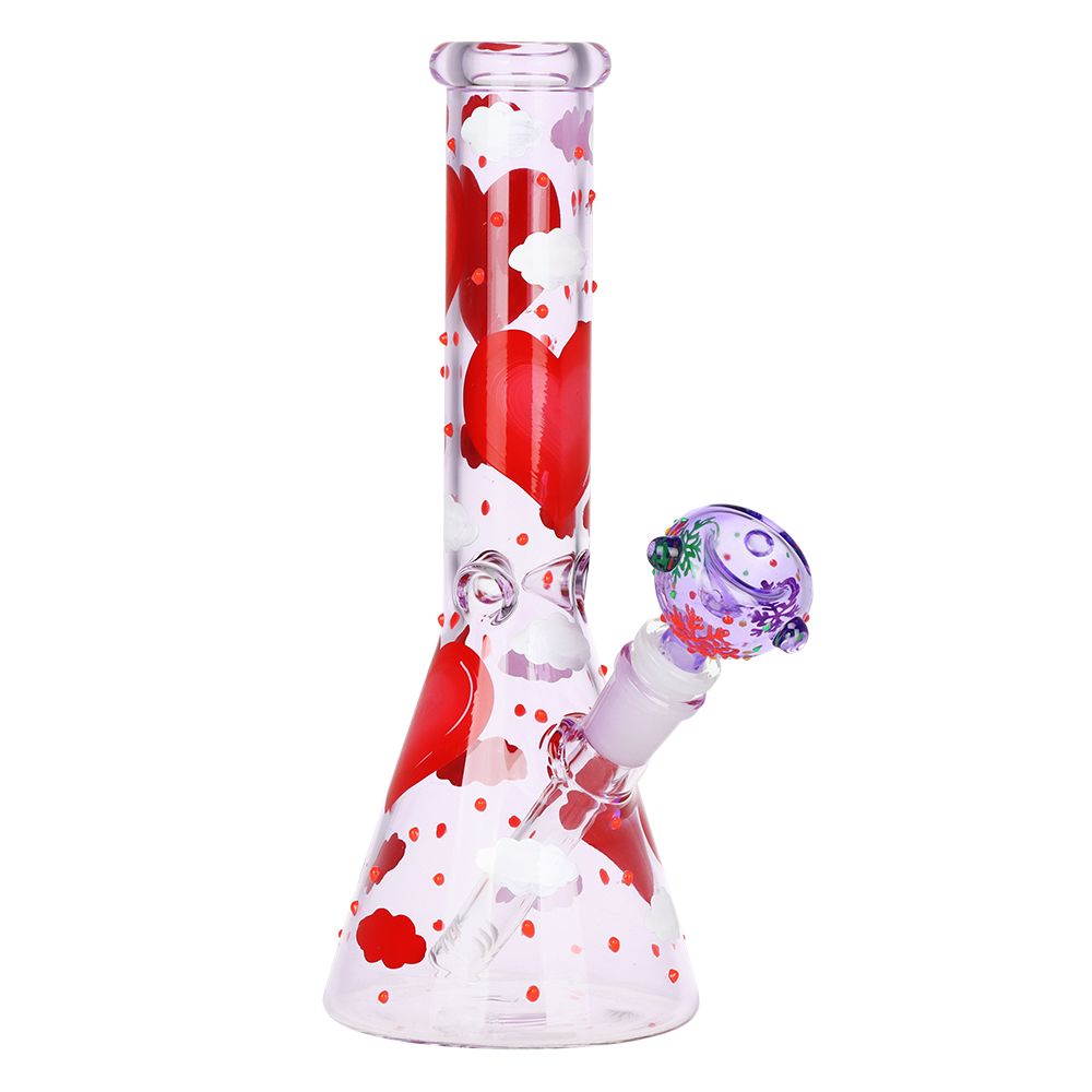 Pinky Hearts Beaker Glass Water Pipe - 10" / 14mm F, BDD Wholesale