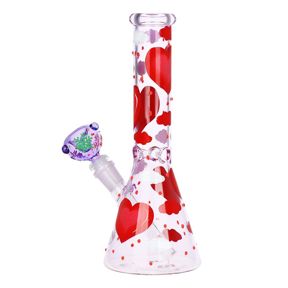 Pinky Hearts Beaker Glass Water Pipe - 10" / 14mm F, BDD Wholesale