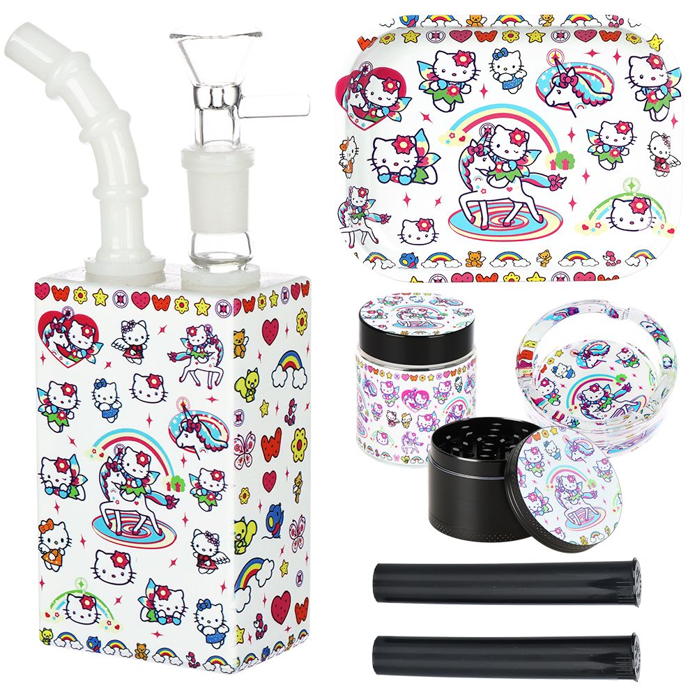 Cute Kitty Juicebox Glass Water Pipe Smoker's Travel Kit - 7" / 14mm F / Unicorn Kitty, BDD Wholesale