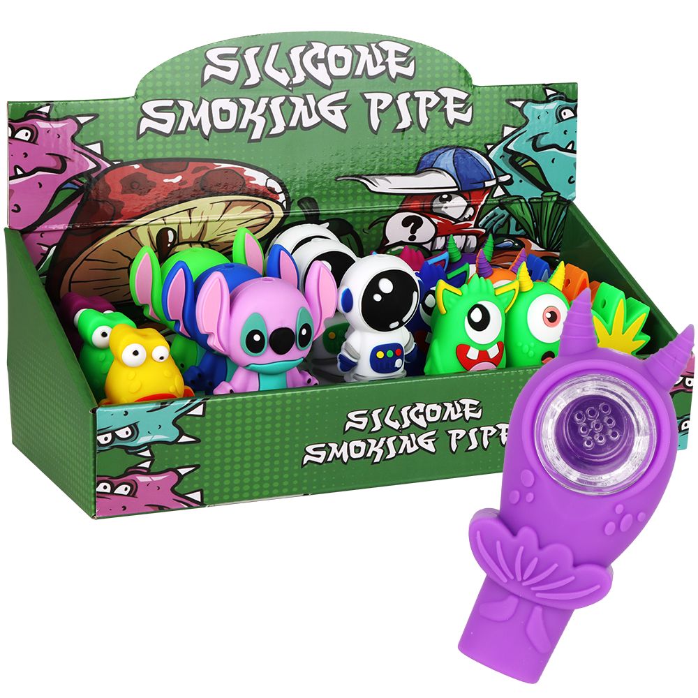 18CT DISPLAY - Cool Characters Silicone Hand Pipe - 3"- 4.25" / Assorted Colors & Characters, BDD Wholesale