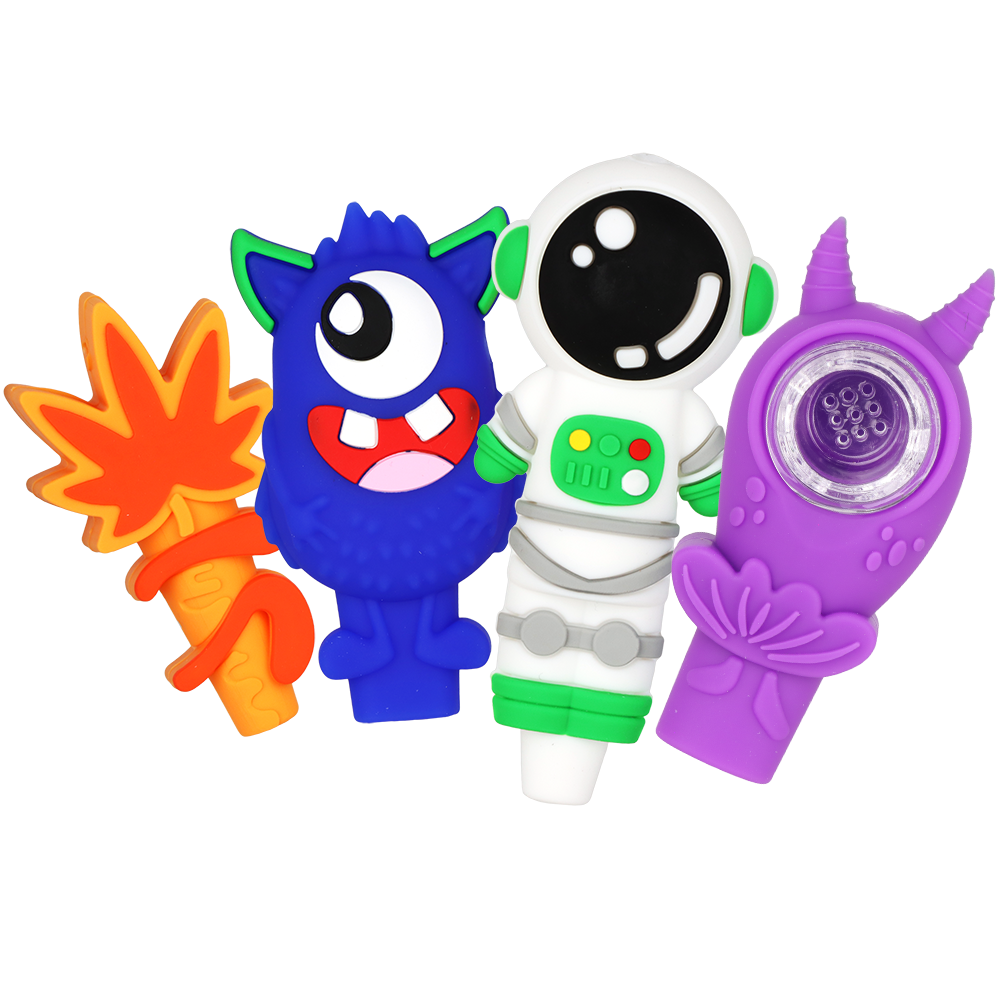 18CT DISPLAY - Cool Characters Silicone Hand Pipe - 3"- 4.25" / Assorted Colors & Characters, BDD Wholesale