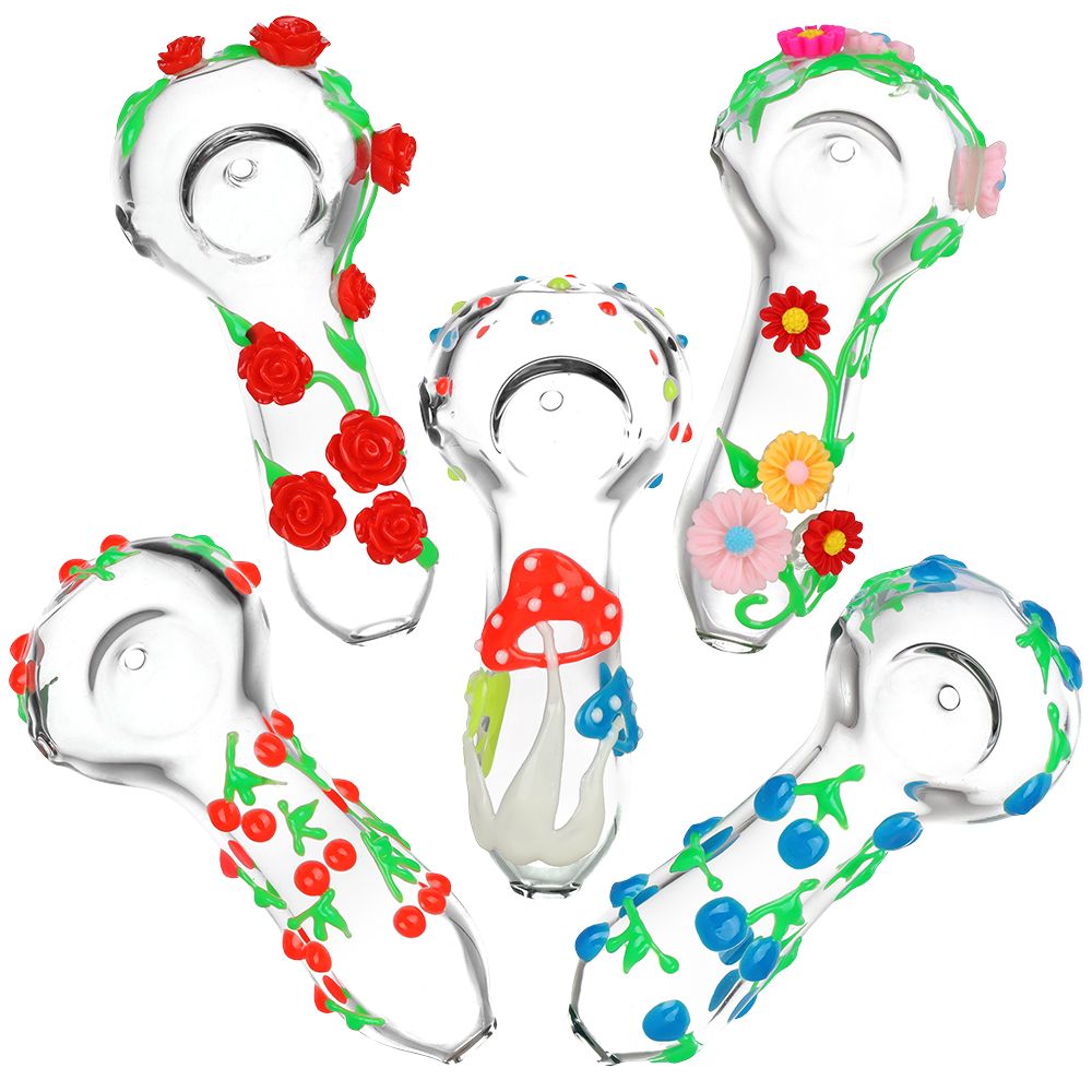 5CT BUNDLE - Nature's Bounty Glow Glass Spoon Pipes - 4" / Assorted Designs, BDD Wholesale