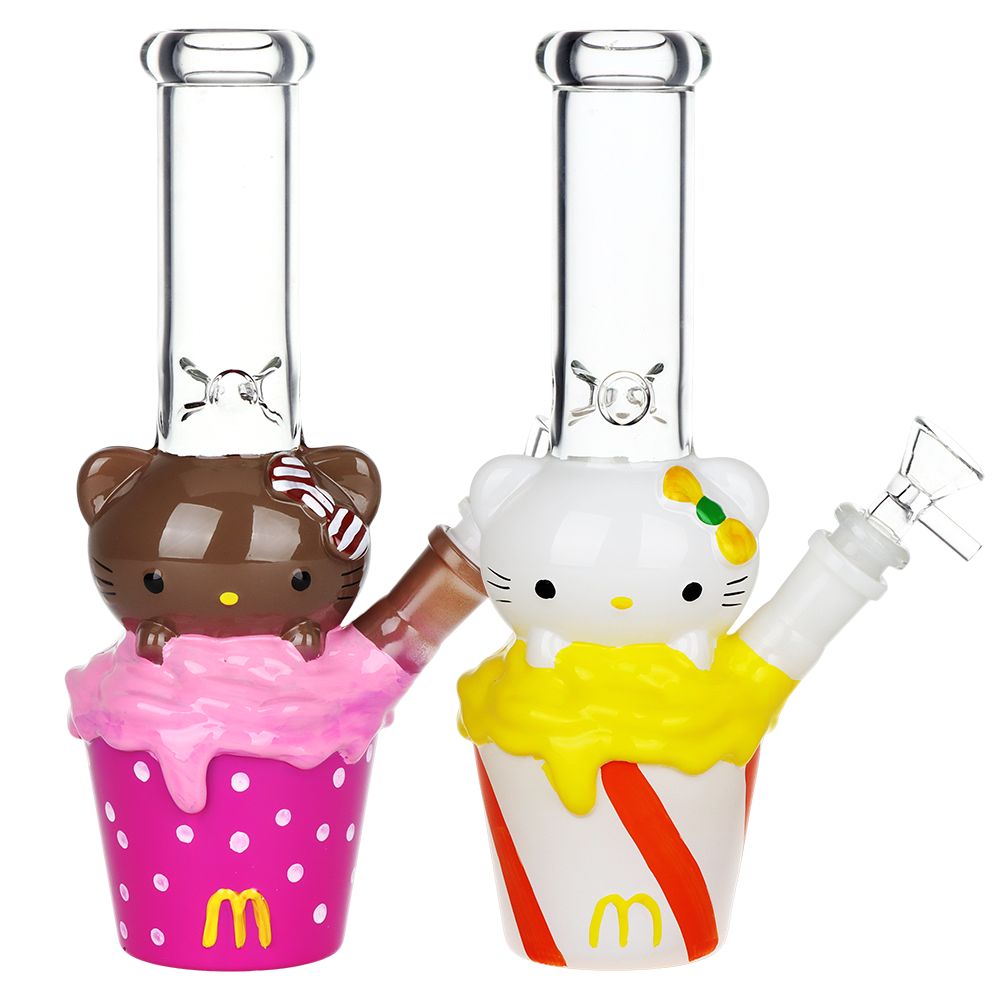 2CT BUNDLE - Cute Kitty Ice Cream Treat Glass Water Pipe - 9.75" / 14mm F / Assorted Colors, BDD Wholesale