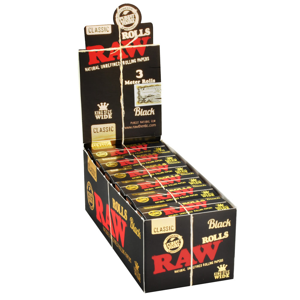 12PC DISP- RAW Black Rolls Rolling Papers -3M/King Size Wide, BDD Wholesale
